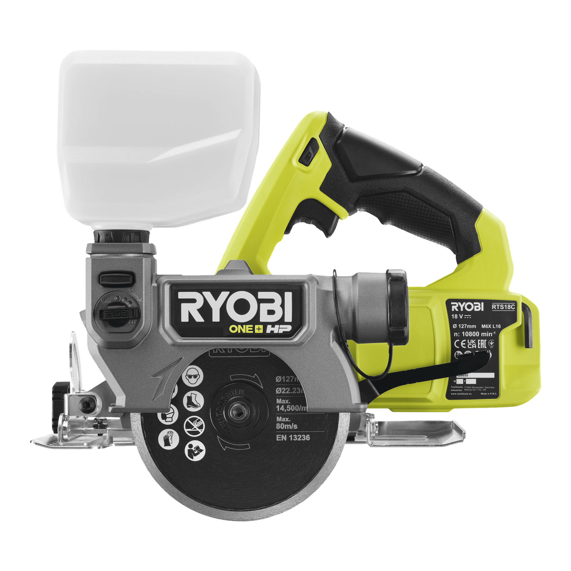 Ryobi One+ HP johdoton laatta- ja klinkkerisaha (RTS18C-0), jossa on vihreä-musta kahva, merkitty teräsuojus ja valkoinen pölynkeräyslaatikko päällä. Brändäys ja mallitiedot ovat näkyvästi esillä työkalun kotelossa.