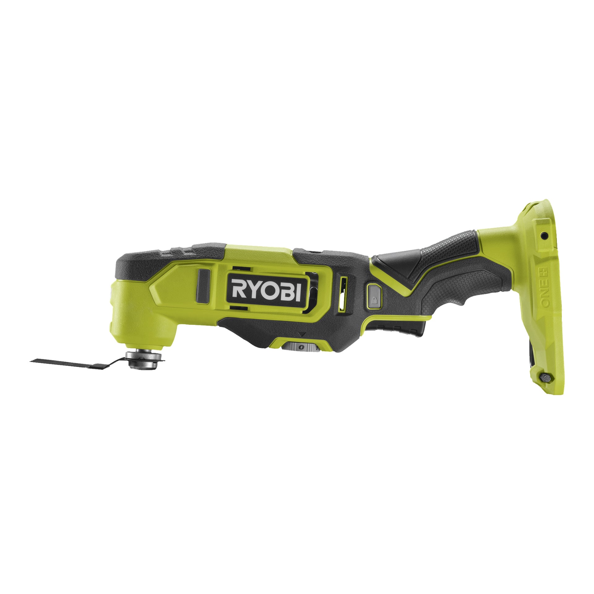 Ryobi One+ Multi-tool RMT18-0, i svart och grönt, visas från sidan. Den har ett strukturerat grepphandtag bak och ett rektangulärt bladfäste framtill.