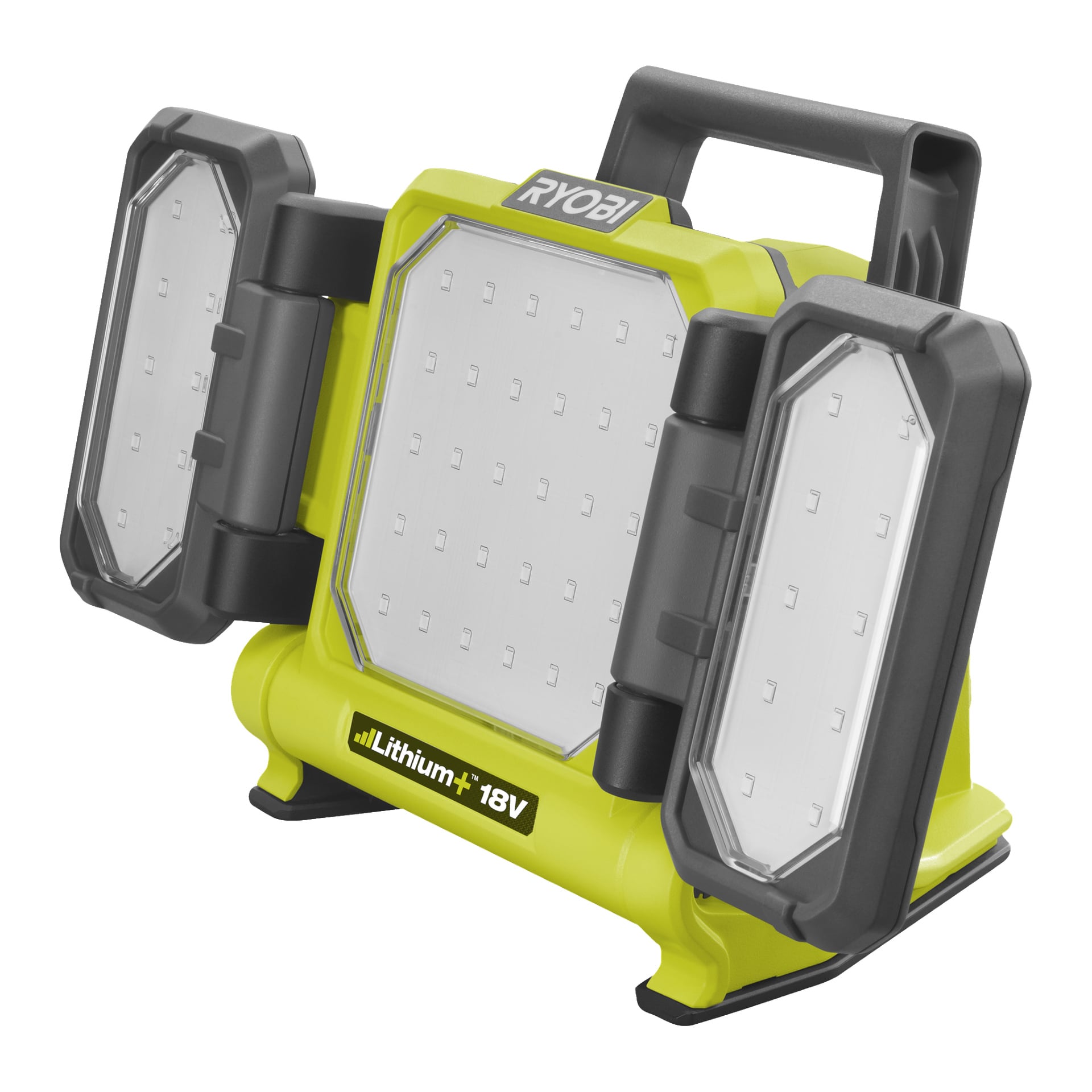 Ryobi One+ LED-arbetslampan RLP18-0, som drivs av batteri, har ett stadigt handtag och två rörliga sidopaneler. Dess design kombinerar livfullt grönt med svarta och grå detaljer.