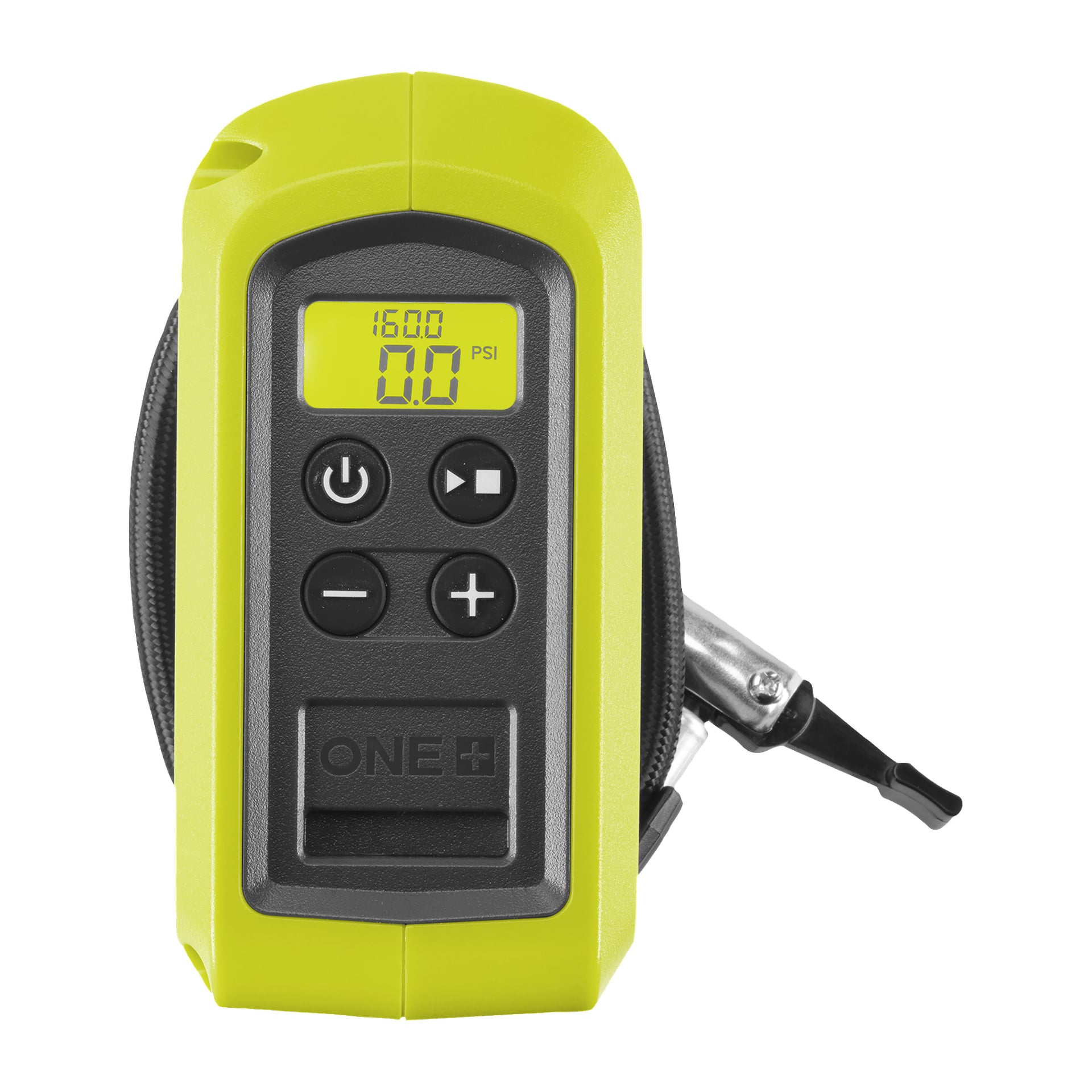 Ryobi One+ mini pompa powietrza (RPI18-0) z intensywnie żółtą obudową, czarnym przednim panelem z wyświetlaczem pokazującym 16,00 PSI i kilkoma przyciskami sterującymi, a po prawej stronie jest wąż zakończony z dołączoną dyszą.