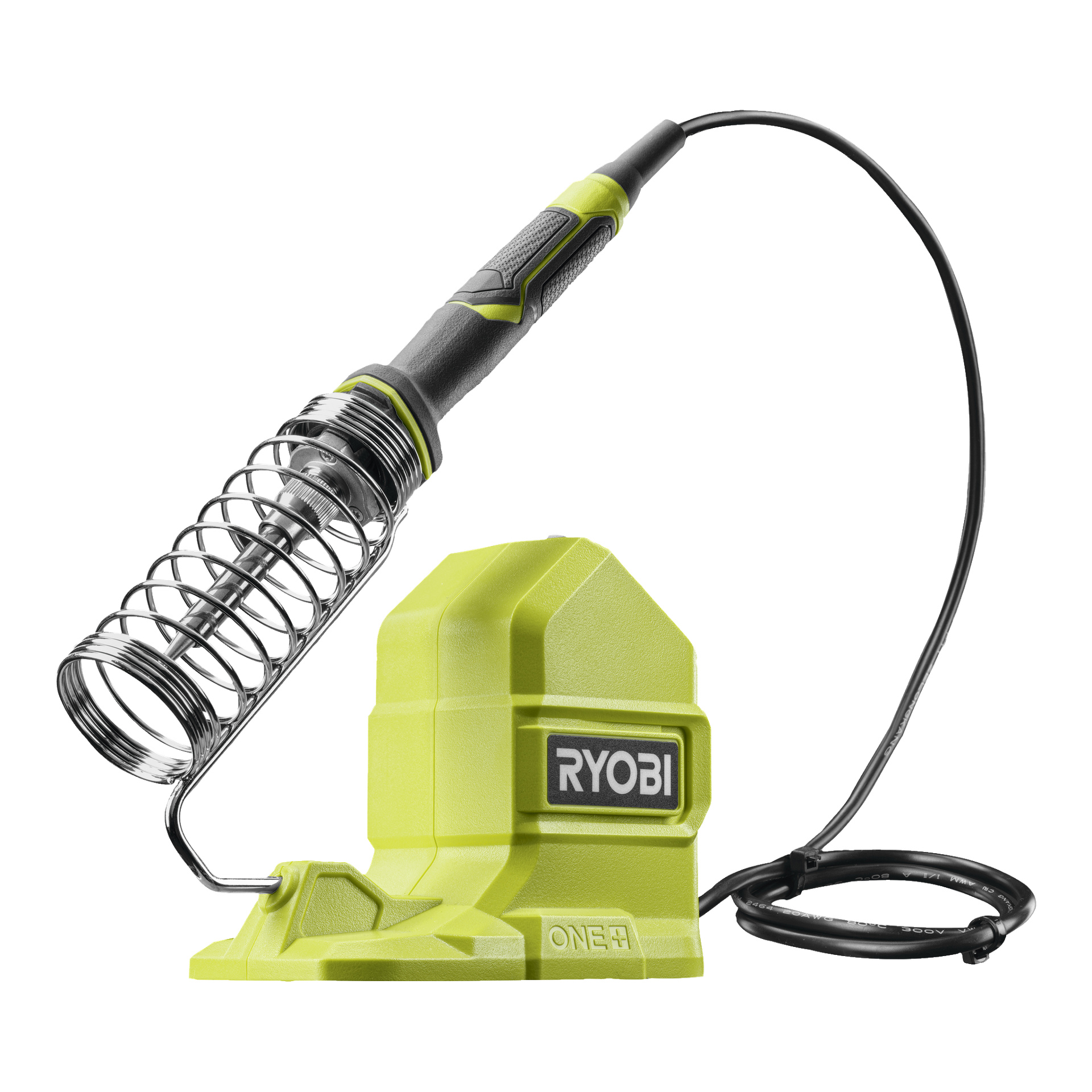En Ryobi One+ RSI18-0 batteridriven lödkolv med grönt och svart handtag sitter i en matchande grön bas med en spiralad metallhållare, och dess strömkabel är tydligt fäst vid verktyget.