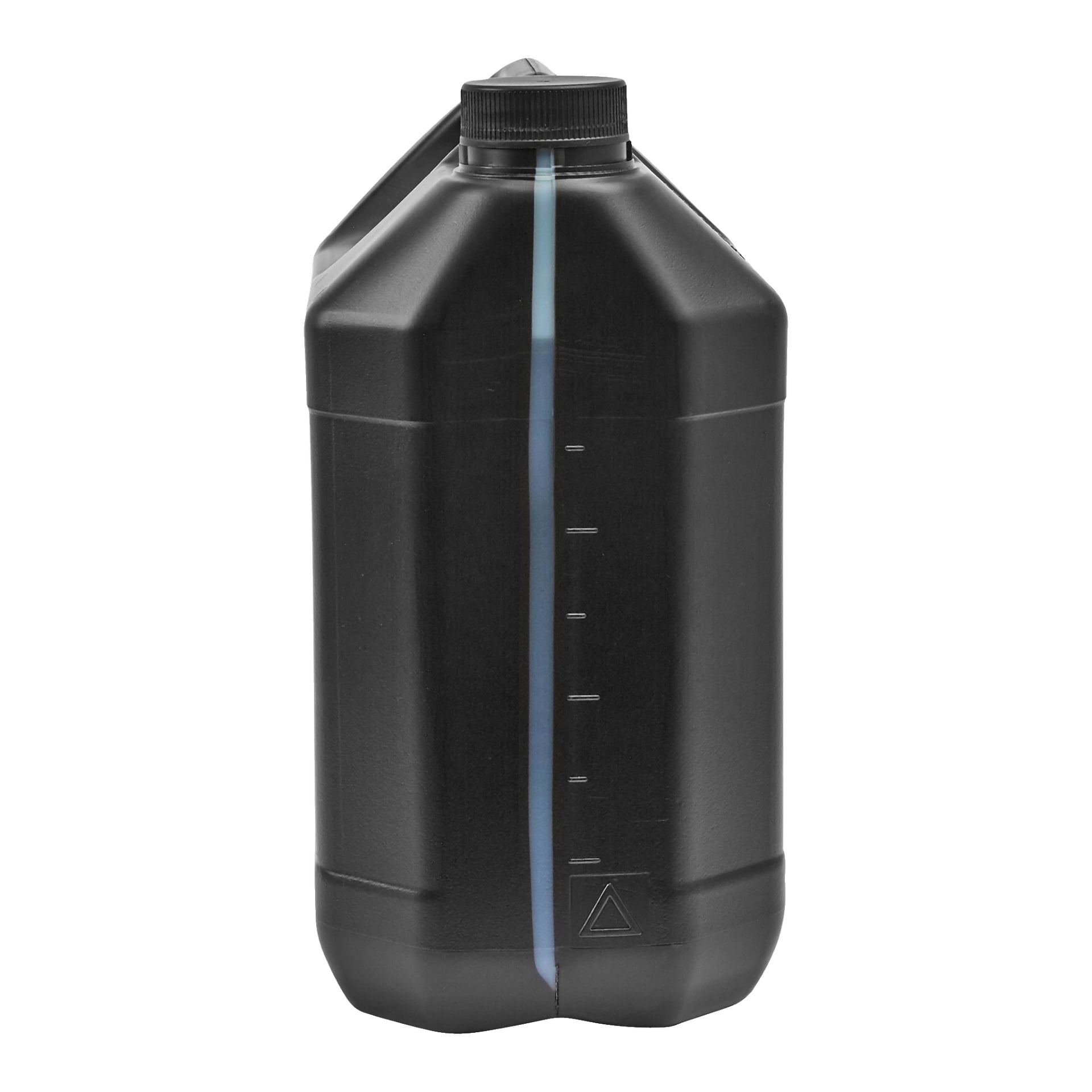 En svart plastflaska med Hamron 4-takts utombordsolja med skruvlock, och ett tydligt vertikalt fönster på sidan markerat för att mäta oljenivån inuti.