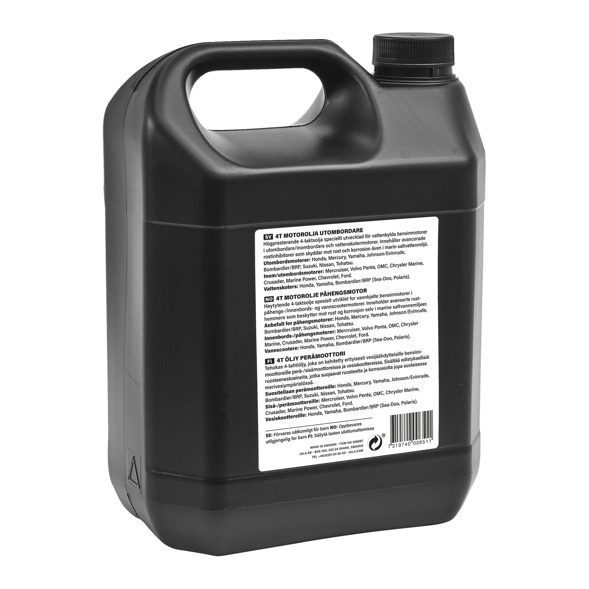 En svart 4-liters plastbehållare med handtag, som visar en etikett som innehåller användningsinstruktioner och produktinformation för Hamron 4-taktsolja för utombordare. En triangulär återvinningssymbol syns på sidan av behållaren.