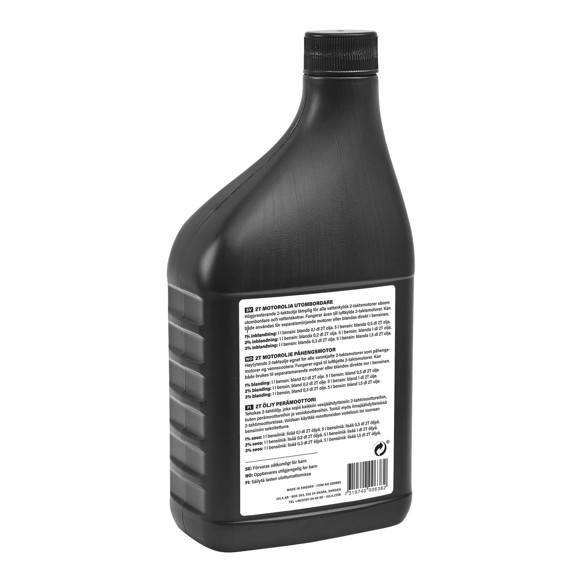 En svart plastflaske med teksturert grep og svart kork. Den hvite etiketten viser Hamron-merket og inneholder produktdetaljer og bruksanvisning for totaktsolje beregnet på påhengsmotorer.