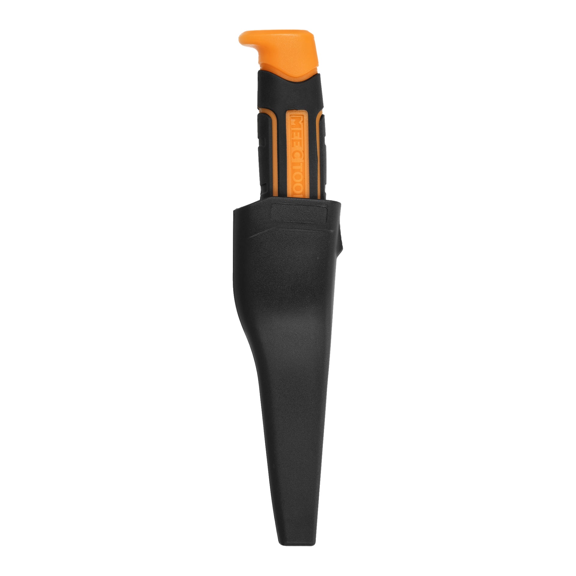 En elektrikerkniv från Meec Tools med fast blad och ett orange-svart-skaft är delvis inskjuten i sitt svarta skyddshölje.