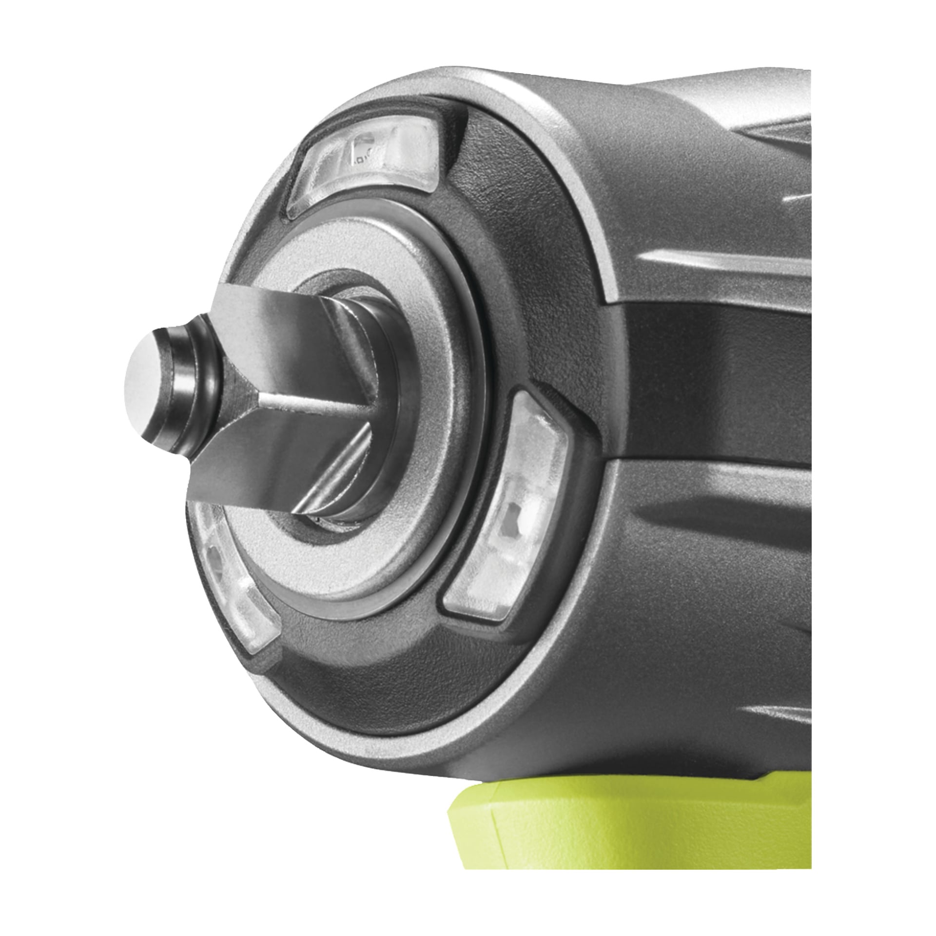 Yksityiskohtainen lähikuva Ryobi One+ HP Impact Wrench RIW18C-0:sta, keskittyen sen metallikanneen, valaistuihin LED-valoihin, näkyvään teränpidikkeeseen, sekä harmaan ja vihreän kotelon osiin.