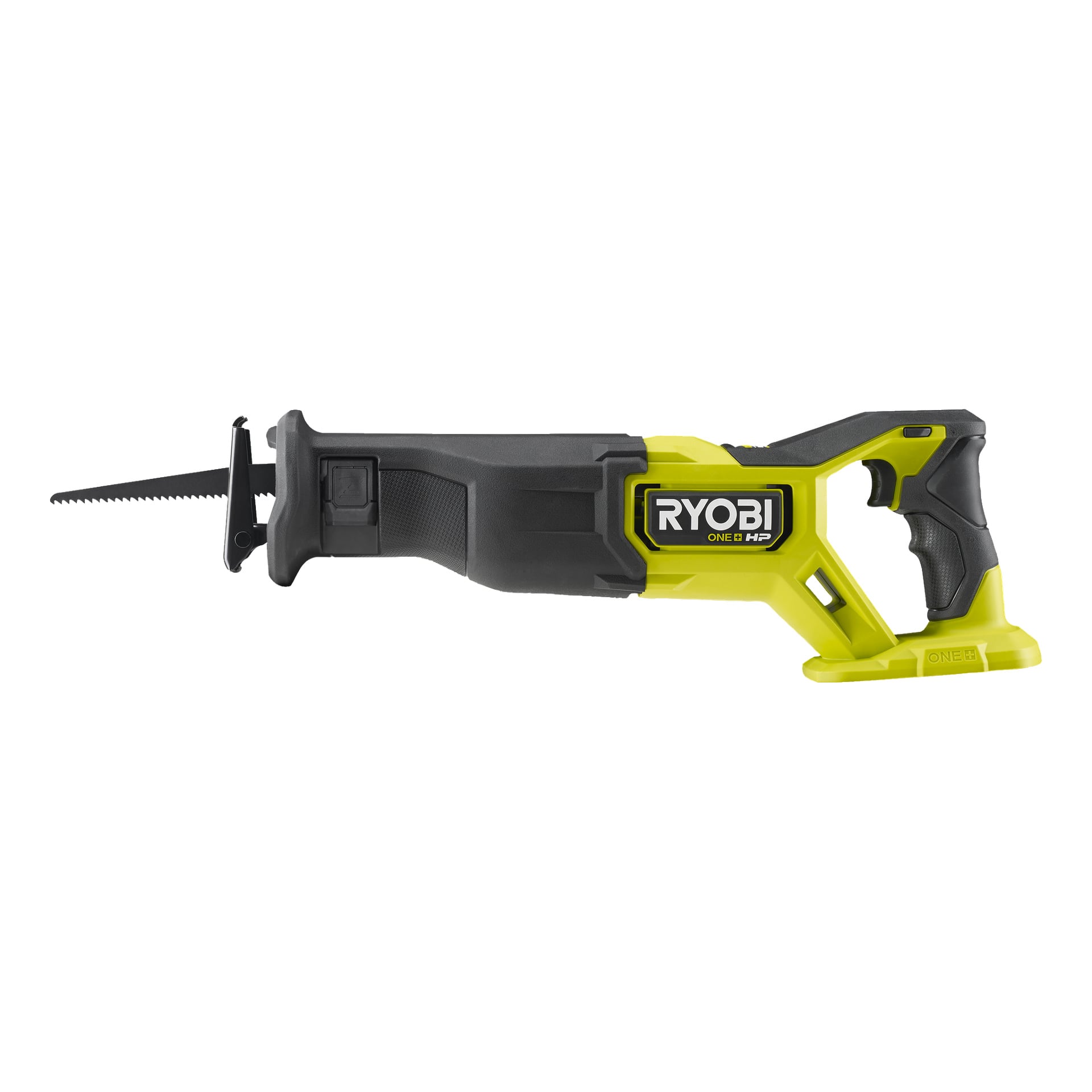 Eine Ryobi One+ HP bürstenlose Hubkolbensäge in Gelb und Schwarz, batteriebetrieben mit ergonomischem Griff und freiliegender Klinge. Auf der Seite des Werkzeugs steht Marke und Modellnummer RRS18X-0.