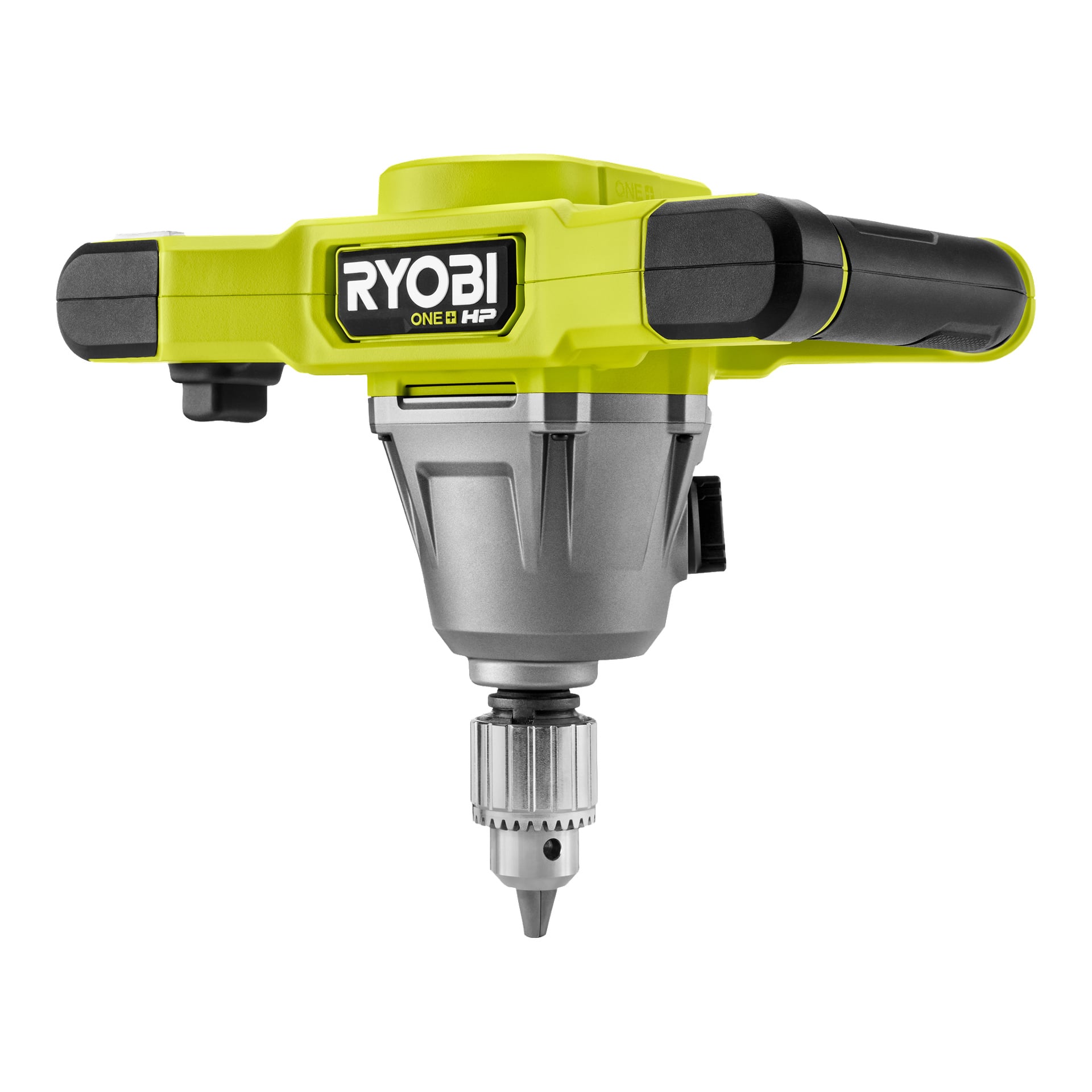 Ett gult och svart Ryobi One+ HP Agitator RPM18X-0 elverktyg med T-format handtag och metallborr, designat för att blanda eller borra tunga material.