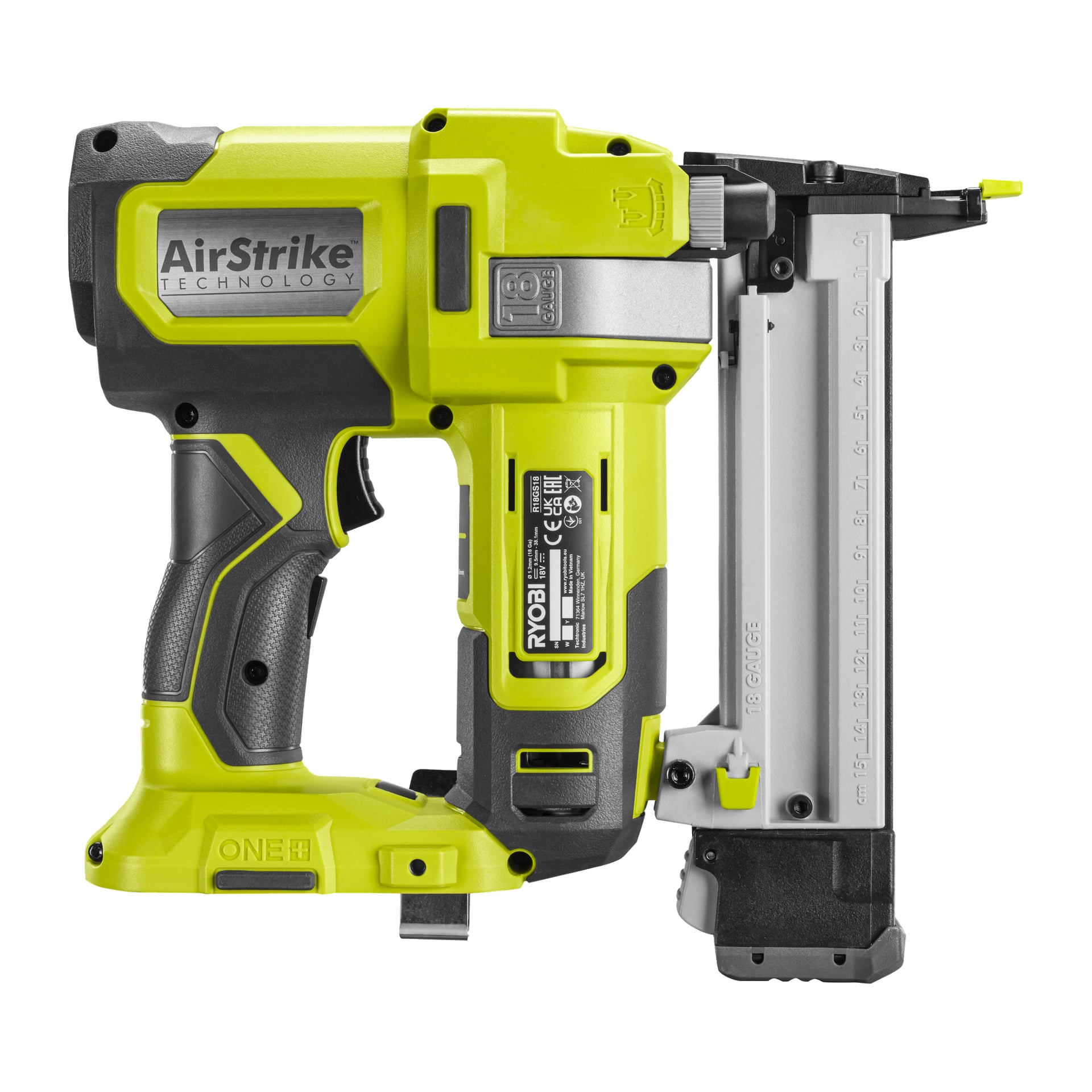 Zielono-Ryobi One+ Staple Gun R18GS18-0 z technologią AirStrike, prezentujący spust, ergonomiczny chwyt oraz magazynek na gwoździe oznaczony wymiarami.