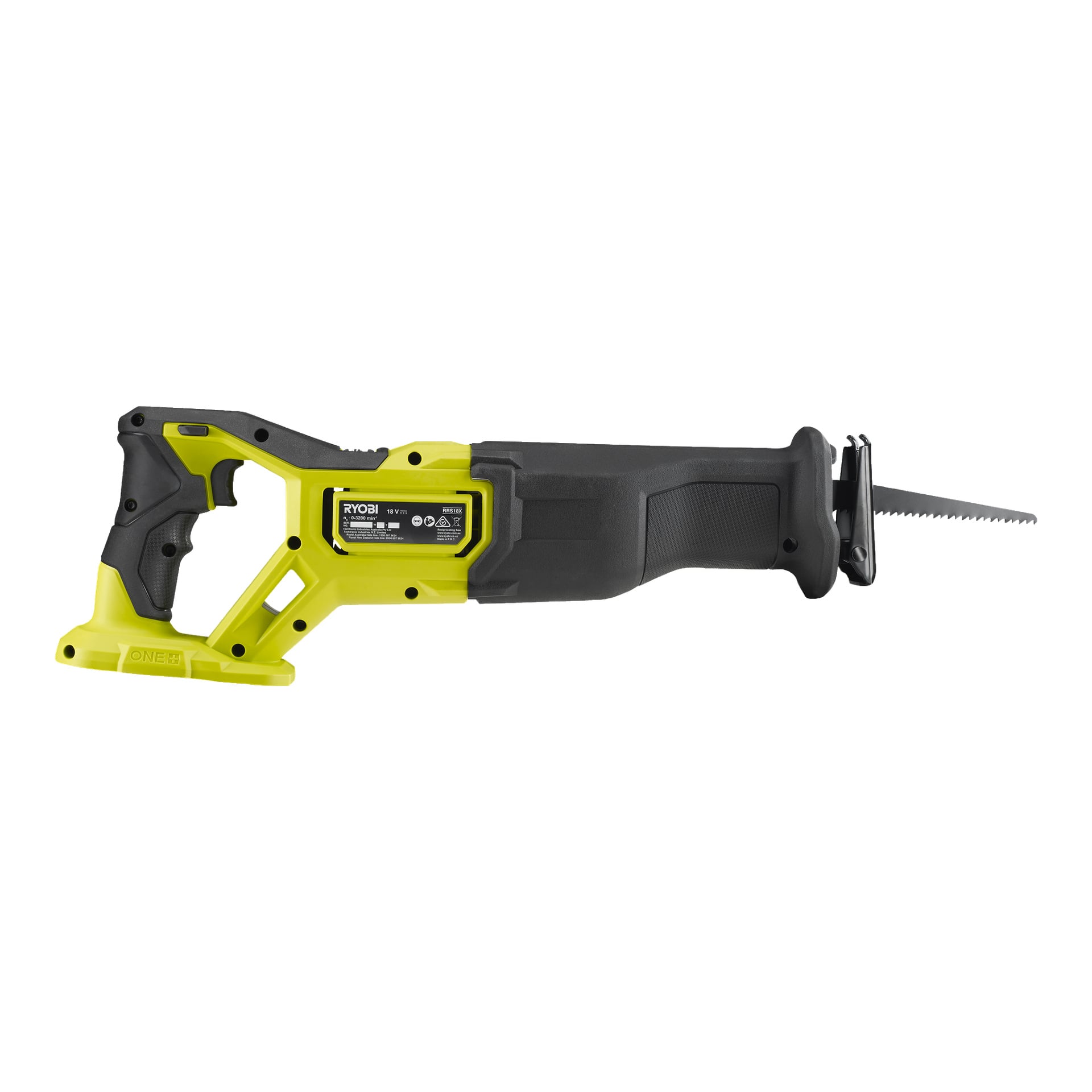 Ein Seitenprofil der Ryobi One+ HP bürstenlosen Hubkolbensäge RRS18X-0 ist zu sehen und zeigt das gelb-schwarze Farbschema, wobei die Klinge und das Batteriefach deutlich sichtbar sind.