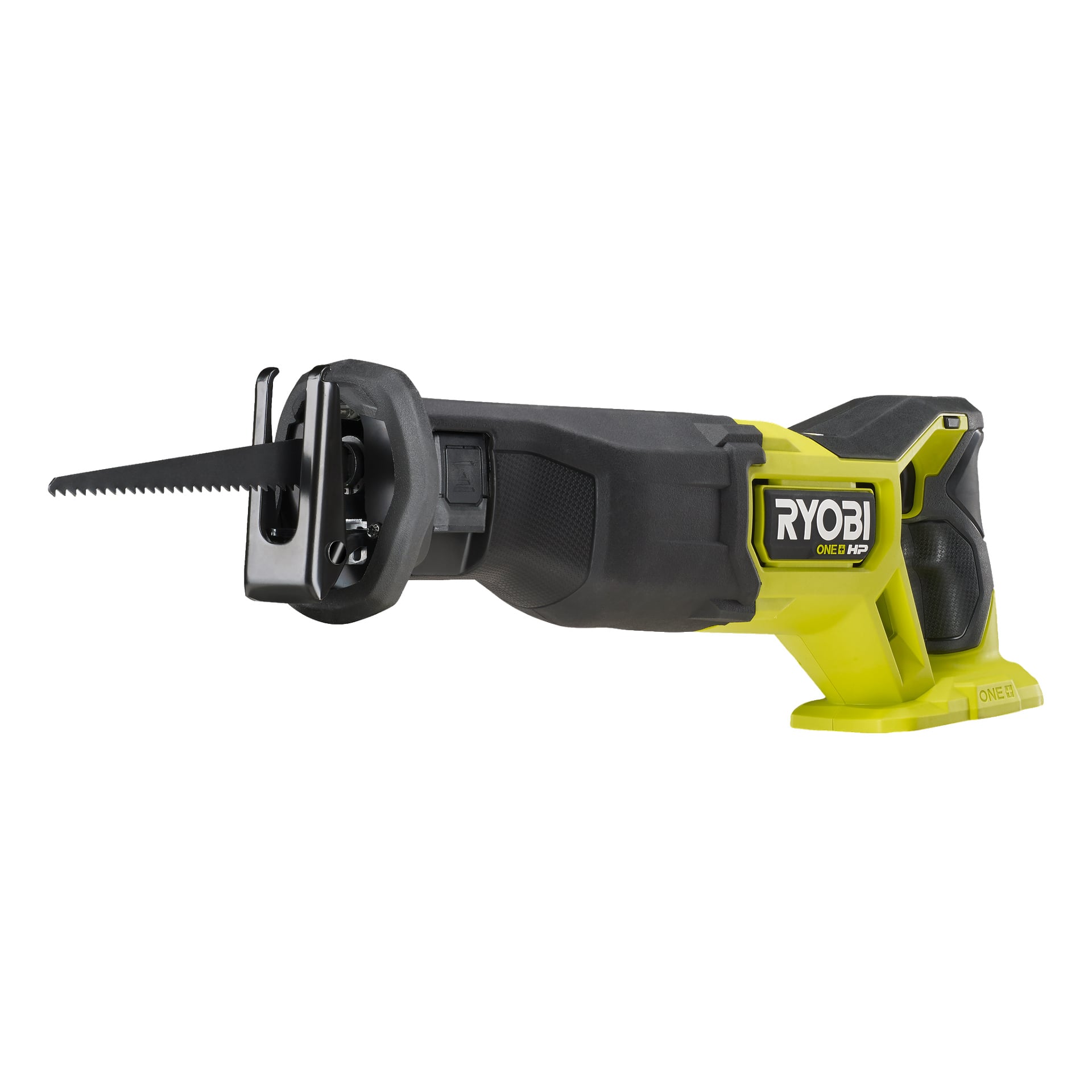 Eine gelb-schwarze Ryobi One+ HP bürstenlose Kolbensäge (Modell RRS18X-0) mit Batteriepack und Klinge, die von der linken Seite zu sehen ist.