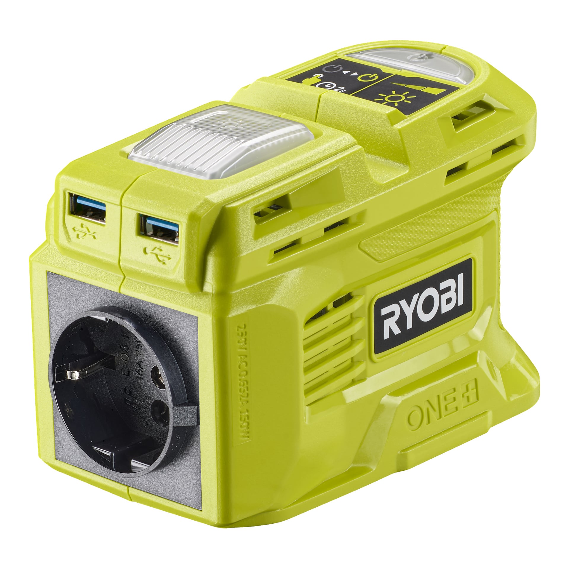 En ljusgrön Ryobi One+ Voltage-omvandlare, modell "RY18BI150B", har ett stort eluttag, två USB-portar, knappar märkta på toppen och på sidan visas "Ryobi"-logotypen.