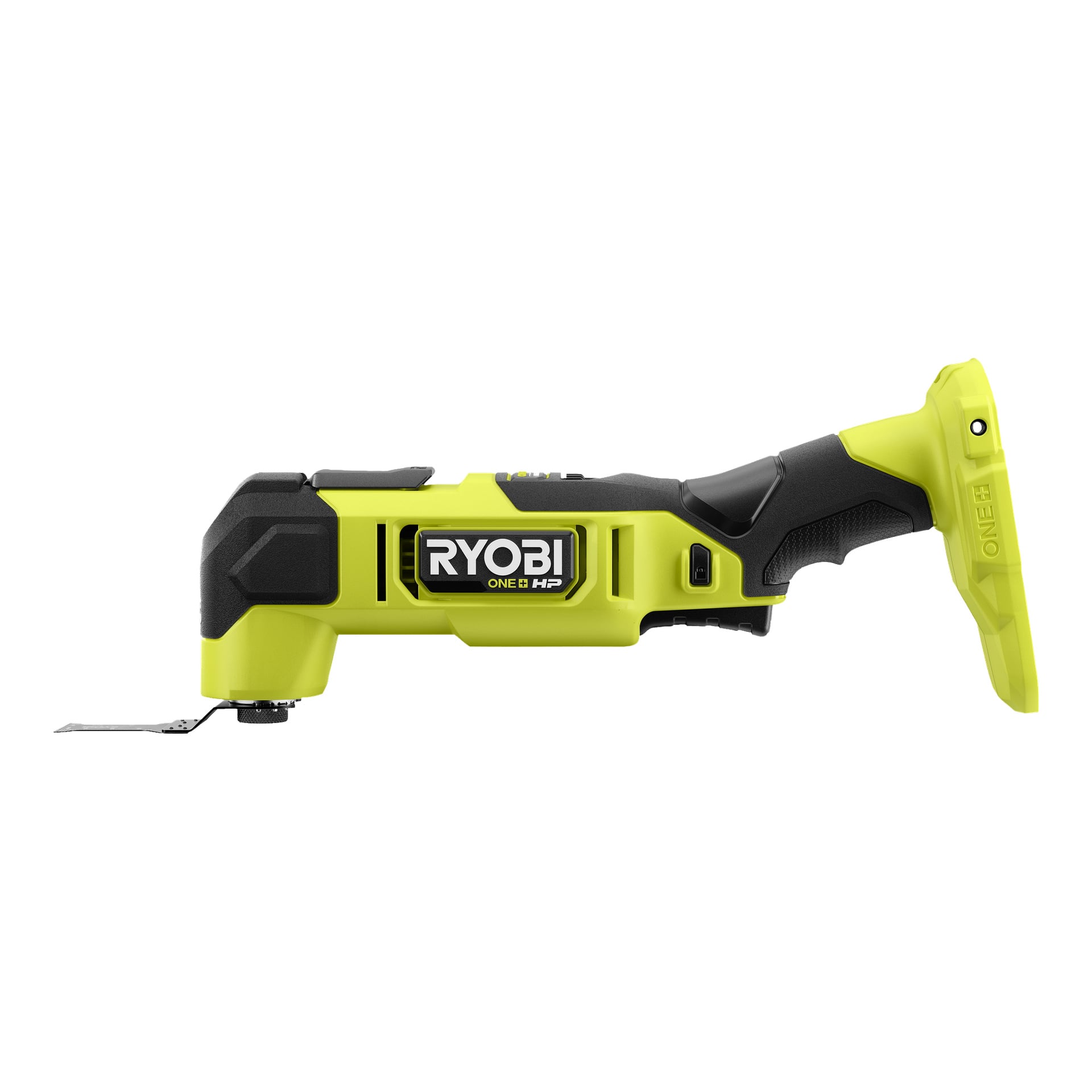 En gul och svart Ryobi One+ HP Multitool RMT18X-0 som visas från sidan markerar varumärkeslogotypen, ergonomiska handtaget, batterifacket och frambladsfästet.