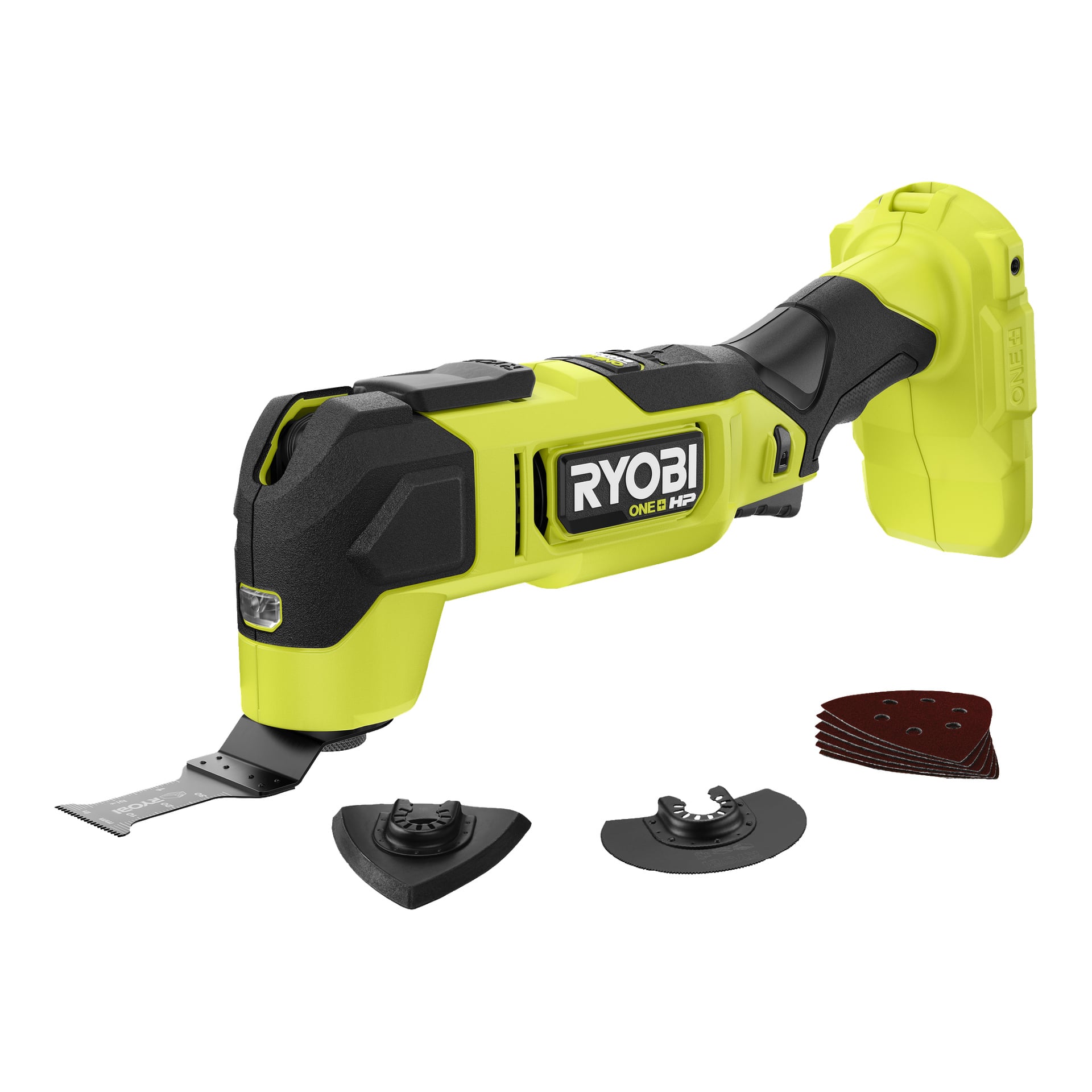 En gul och svart Ryobi One+ HP Multitool RMT18X-0 med ett fäst blad visas, omgiven av tre utbytbara verktygshuvuden och en stapel slipplattor.