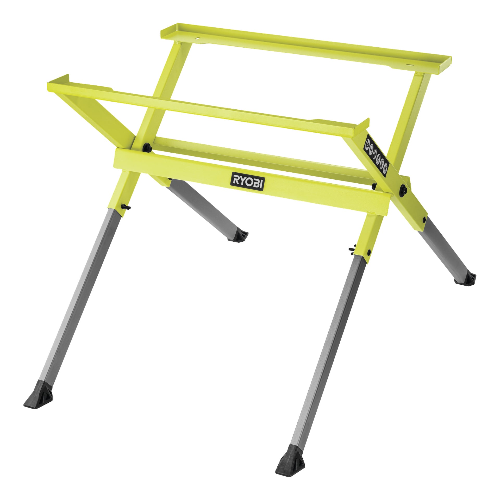 Ett gult och grått Ryobi-stativ designat för RATSS-210 bordscirkelsåg, med fyra lutande ben och en rektangulär ram ovanpå för att hålla verktyg eller utrustning.