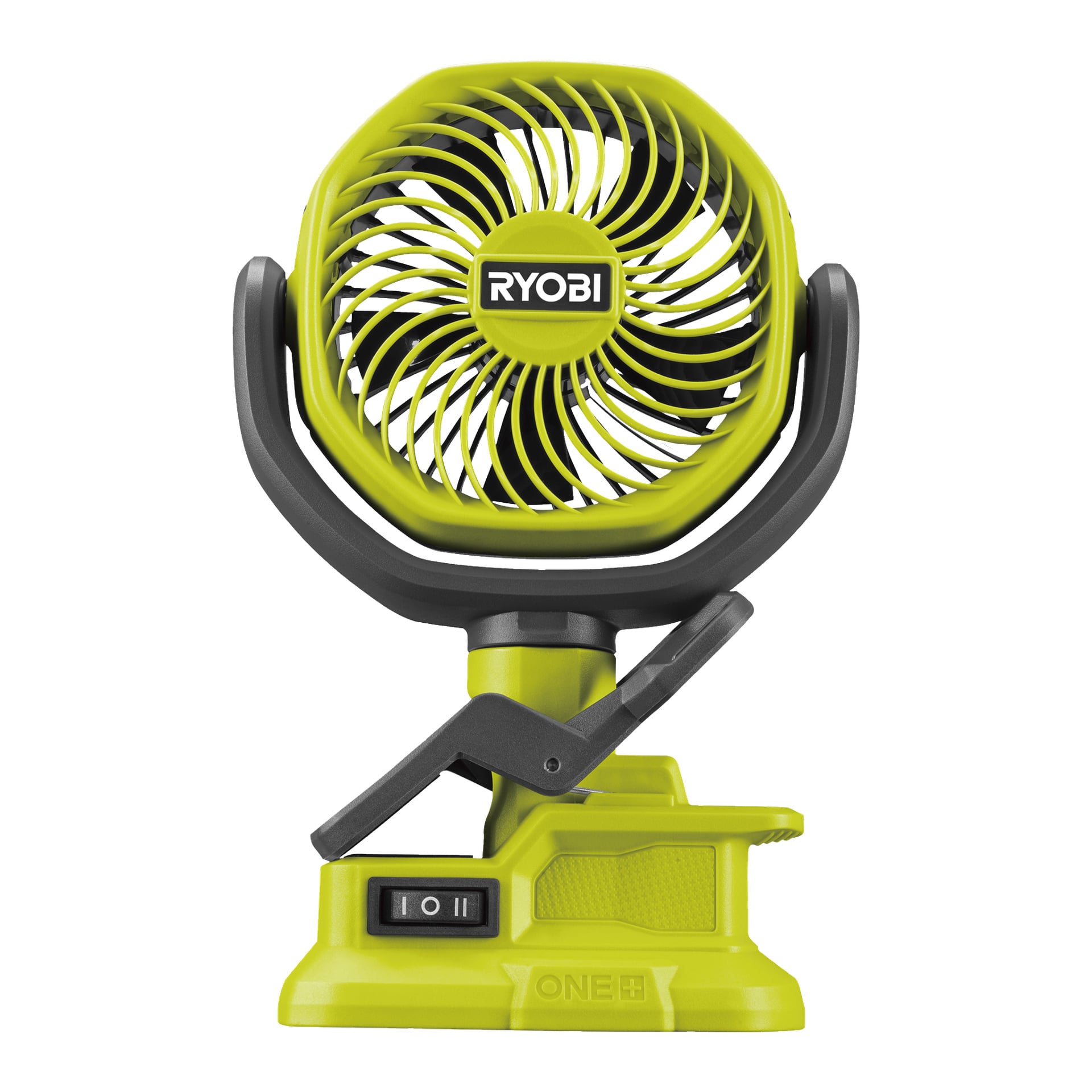 En grön Ryobi One+ batteridriven bordsfläkt, modell RCF18-0, med ett svart skyddande galler över bladen. Den har ett justerbart huvud, tydligt synlig strömbrytare och ett fack för batteriet vid basen. Mitten fram visar RYOBI-logotypen.