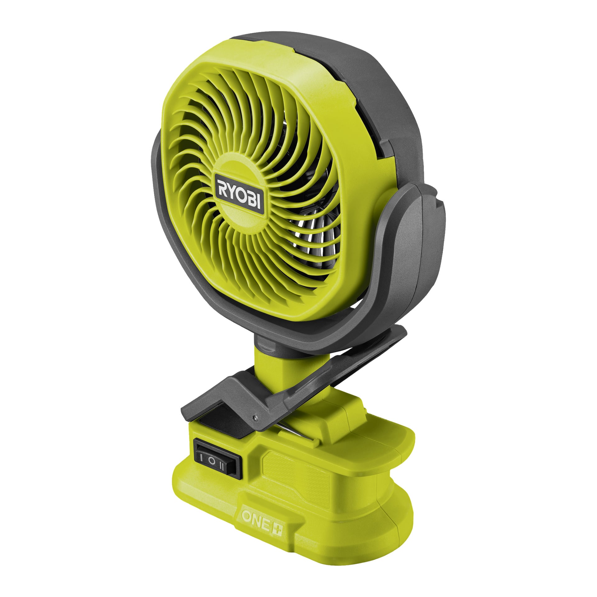 En grön Ryobi One+ RCF18-0 bordsfläkt, batteridriven, med cirkulär ventilerad front, justerbart luthuvud, kontrollknapp och en bas kompatibel med avtagbara batterier.