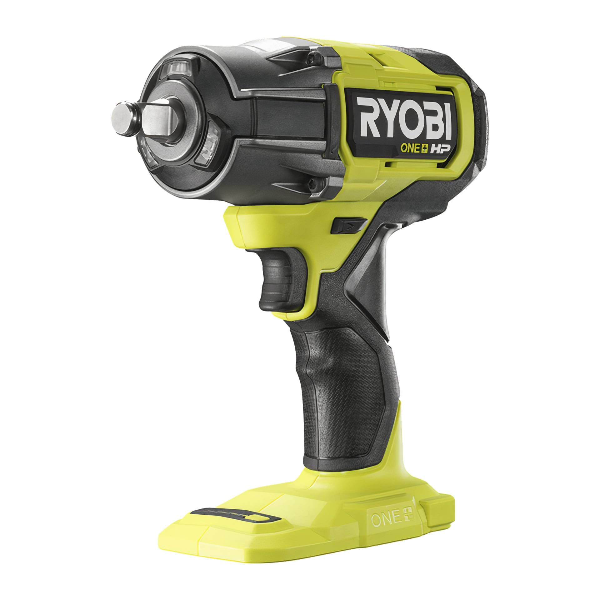 Ein Ryobi One+ HP Schlagschrauber und Mini-Kompressor RIW18XPI-0 | Das R18PI-0-Set wird gezeigt und hebt einen schwarz-gelben Akkuschrauberschlüssel mit silbernem Steckdosenantrieb und ohne Batterie hervor, der aufrecht positioniert ist.