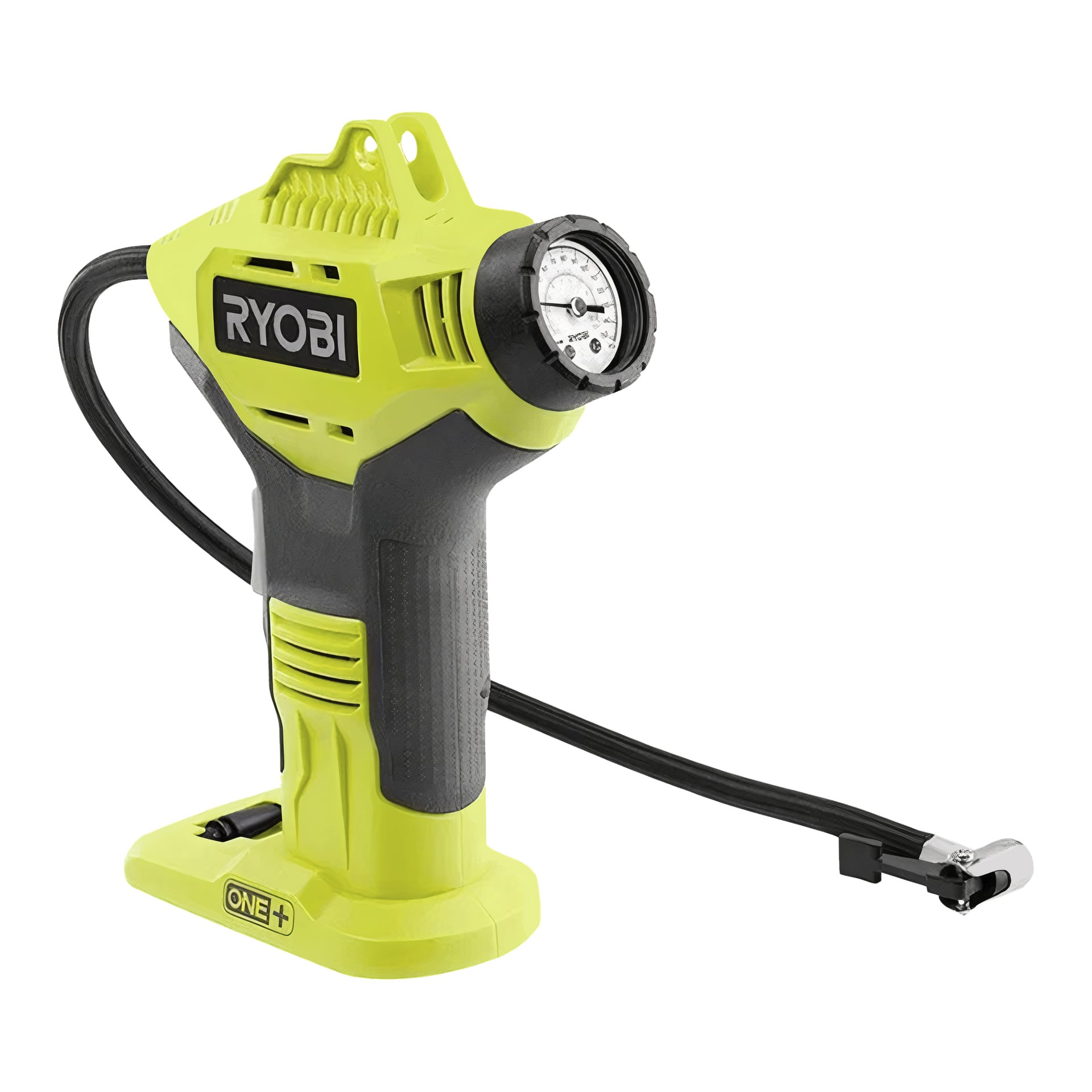 Ryobi One+ HP johdoton minikompressori Impact Wrench + Mini Compressor RIW18XPI-0 | R18PI-0 kaksiosainen setti, jossa on painemittari päällä, musta ergonominen kahva, keltainen runko, jossa on ONE+-logo pohjassa, sekä integroitu letku, joka päättyy suuttimeen.
