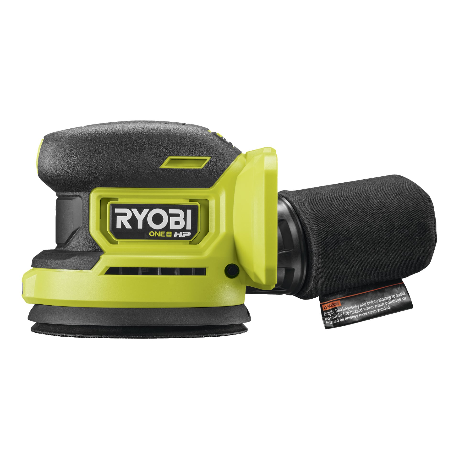 Ein Ryobi One+ HP Eccentric Schleifer RROS18C-0 mit einem schwarz-grünen Design, einem angebrachten Staubabfangbeutel und einem markanten Produktetikett an der Seite.