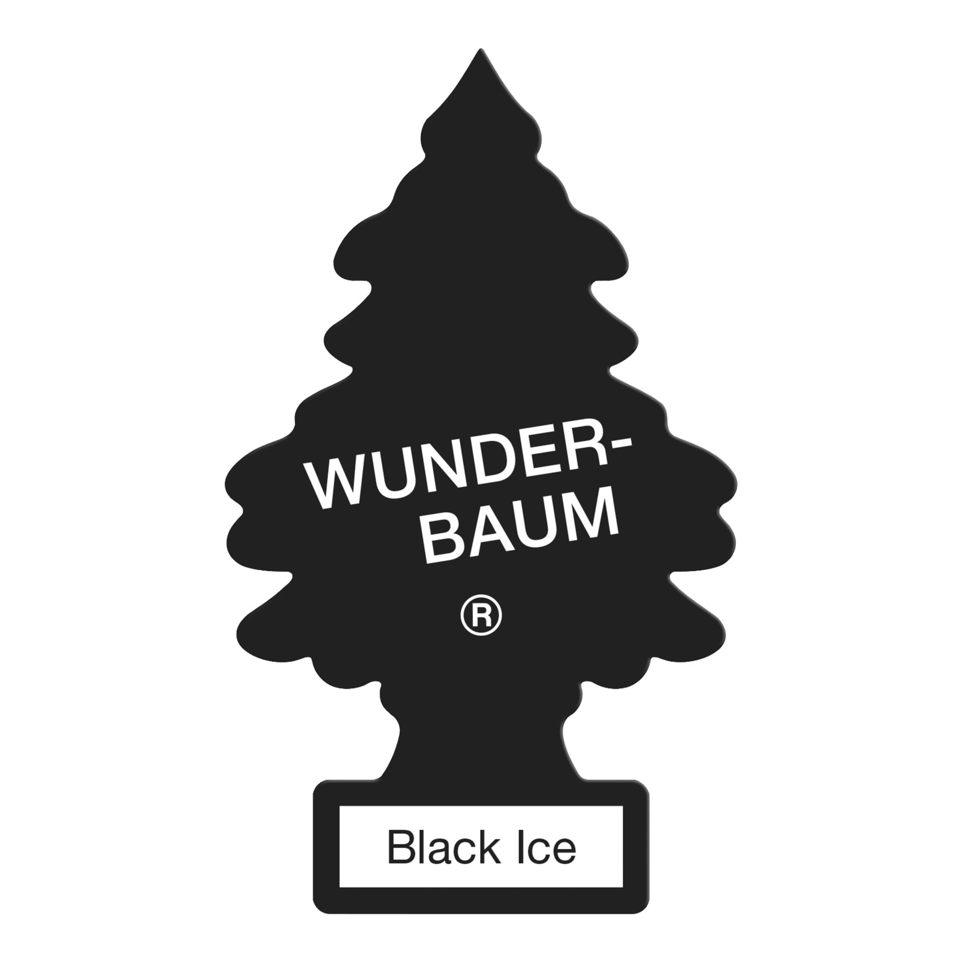 Musta, puunmuotoinen Wunder Baum -autonraikastin on esittänyt rohkeaa valkoista "WUNDER-BAUM®"-logoa ja pientä suorakaiteen muotoista lappua, jossa lukee "Black Ice" pohjassa.