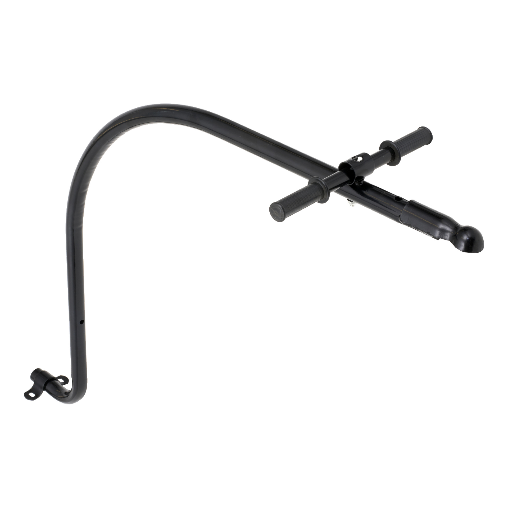 Ett styr i svart metall med två grepp, avsett att fästas bakom ett barns cykel för att hjälpa vuxna att styra och stabilisera under träningen.