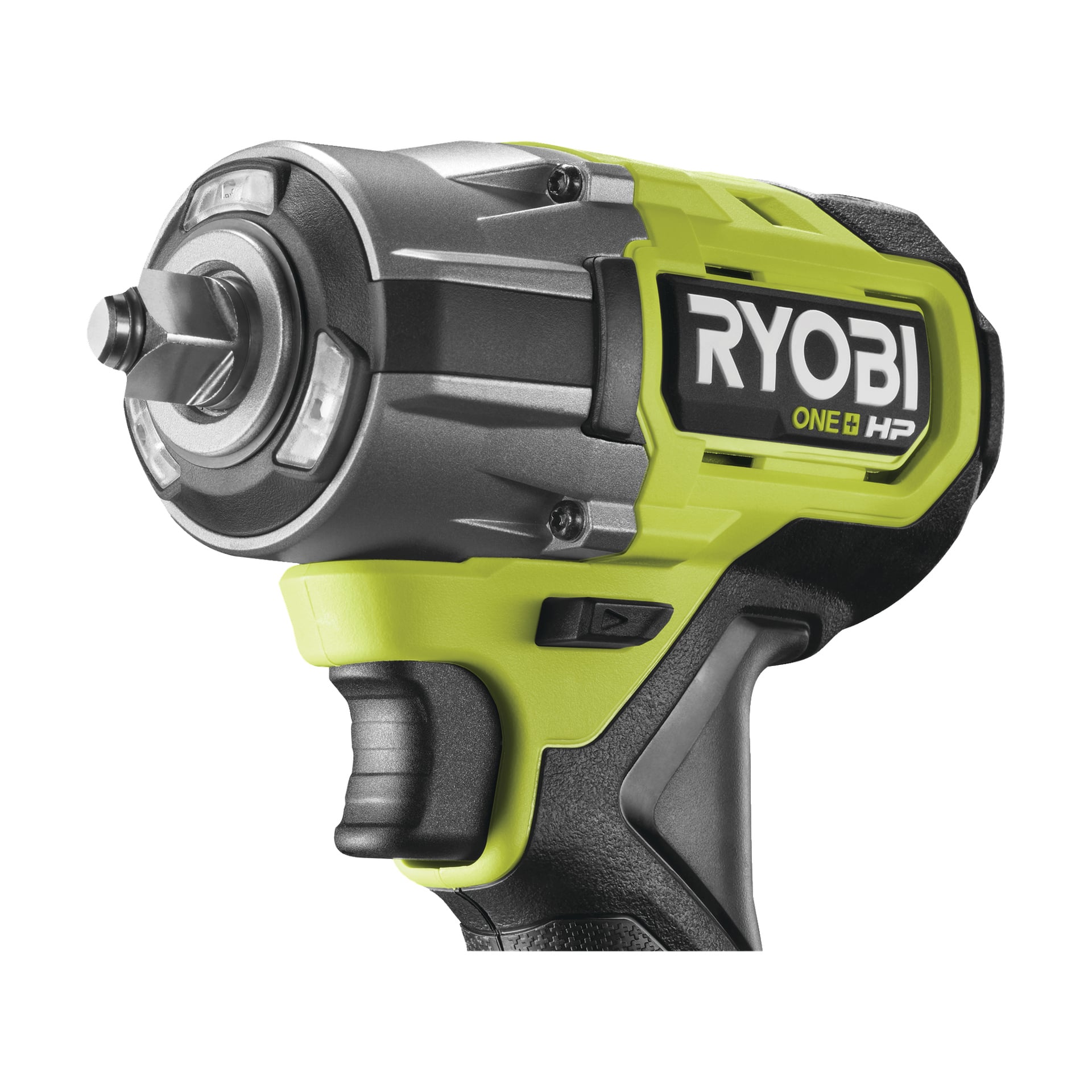 Yksityiskohtainen näkymä Ryobi One+ HP Impact Wrench RIW18C-0:sta, jossa korostetaan sen metallista väliä, ergonomisesti suunniteltua vihreää ja mustaa kahvaa sekä näkyvää Ryobi One+ HP -logoa sen sivulla.