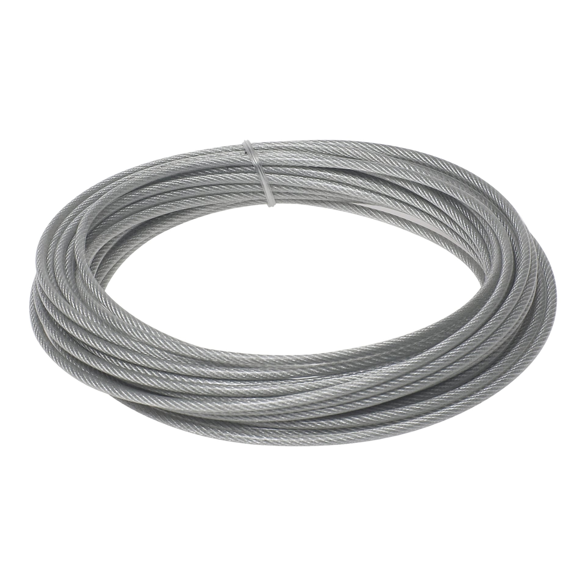 En spiralad Gunnebo Lifting Wire av silverflätat stål hålls ihop med en liten plastbindning.