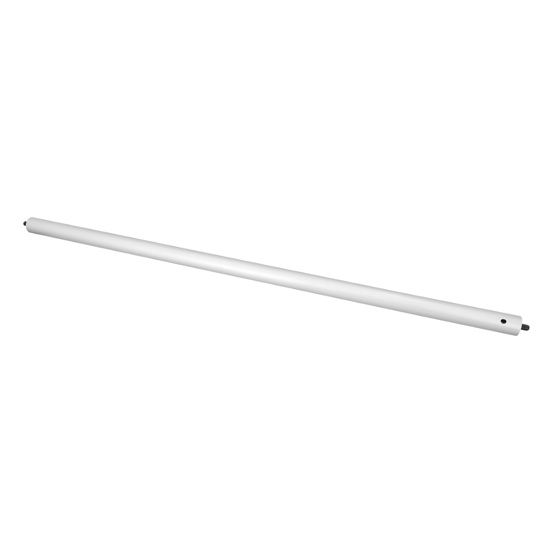 En lång, cylindrisk vit aluminiumstång med två hål nära varje ände och en liten svart kugghjulsliknande del fäst vid ena änden.