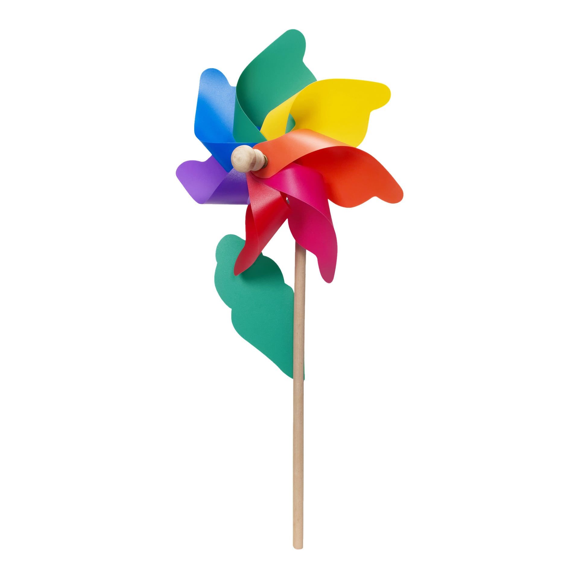 Hard Head Pinwheel vindmølle har seks livlige plastblader i lilla, blått, grønt, gult, oransje og rødt festet til en lett trepinne.