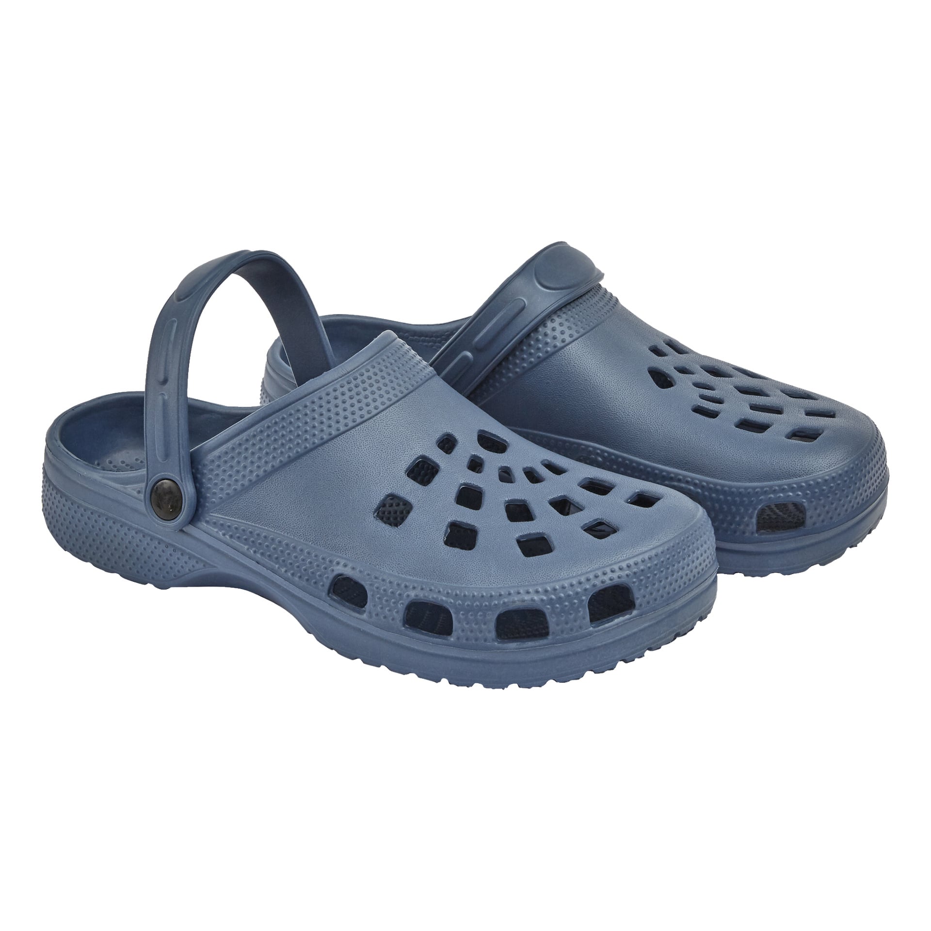 Blå Kayoba utomhustofflor med slip-on gummidesign, ventilationshål och justerbara hälar, gjorda för komfort och avslappnat bruk.