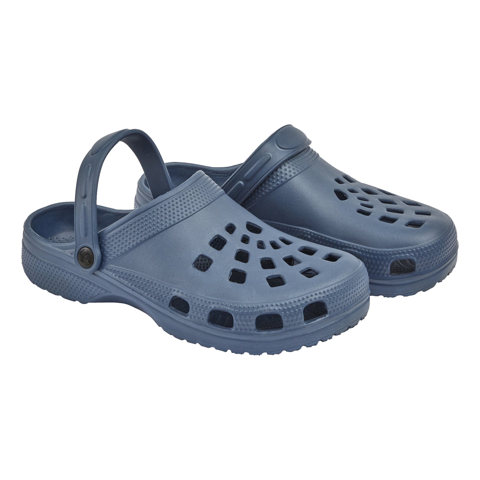 Ett par blå Kayoba Outdoor Tofflor gjorda av gummi, designade med ventilationshål och justerbara hälar.