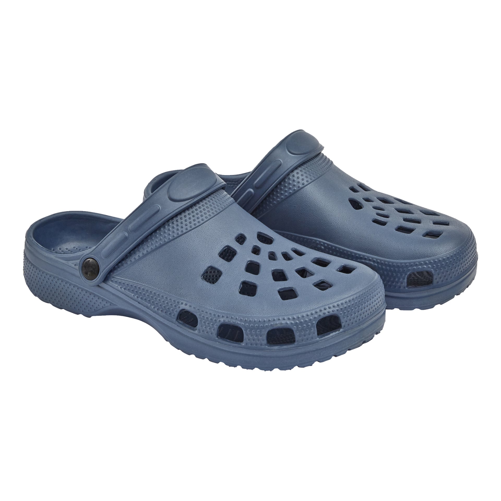 Ett par blå Kayoba Outdoor Tofflor av gummi, var och en med ventilationshål och justerbara ryggremmar, placerade bredvid varandra.