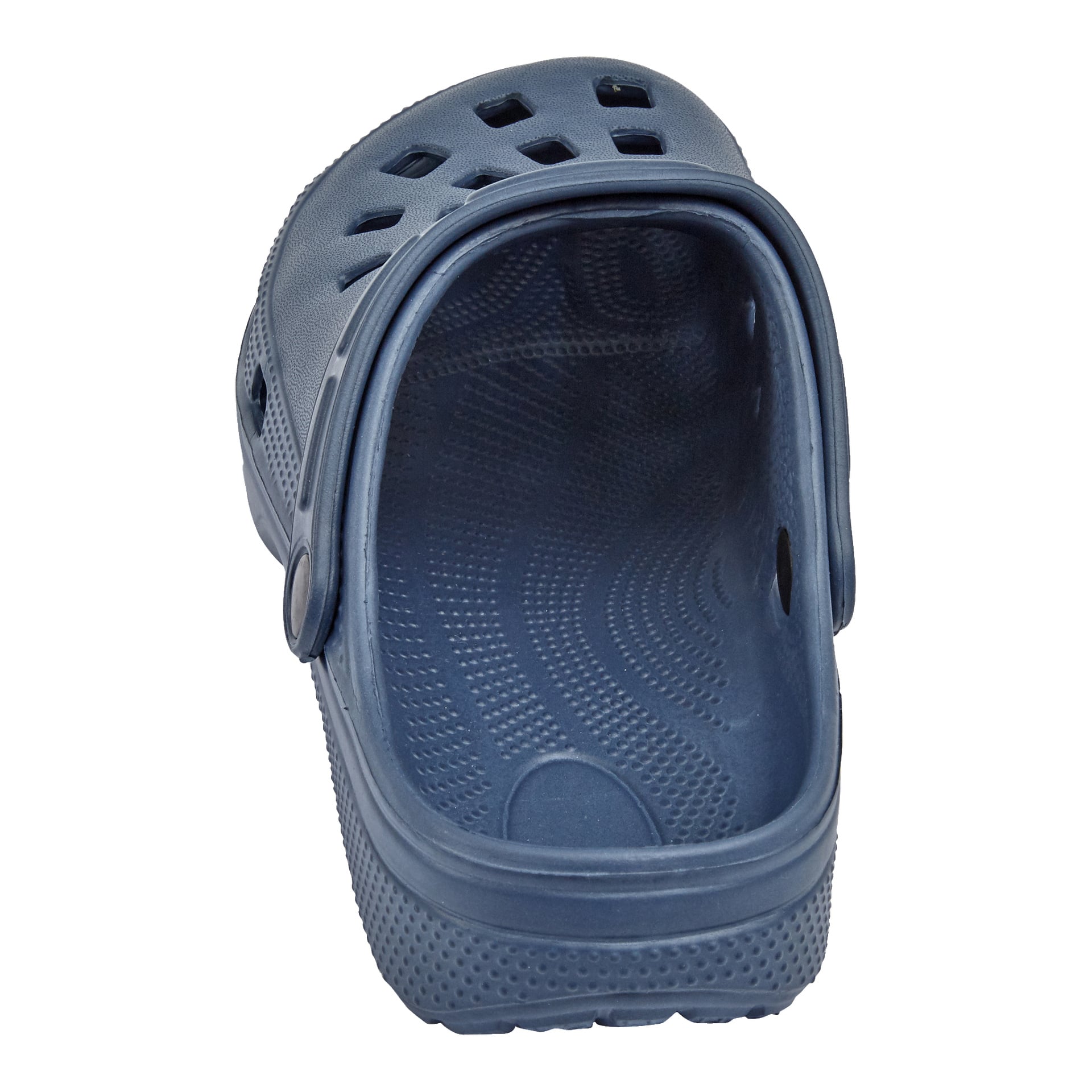 Klackvyn på en blå Kayoba Outdoor Slipper visar dess gummikonstruktion, texturerade innersula, ventilationshål och en svängbar ryggrem.