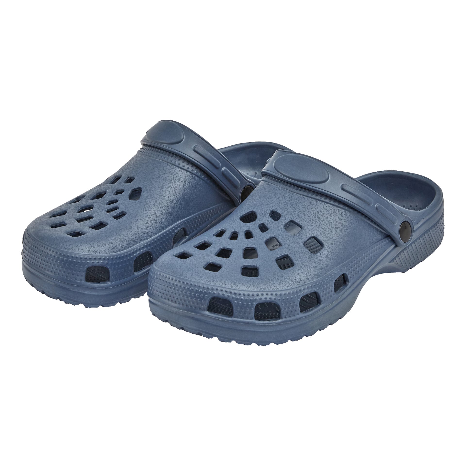 Ett par blå Kayoba Outdoor Tofflor med ventilationshål och justerbar hälrem, placerade sida vid sida.