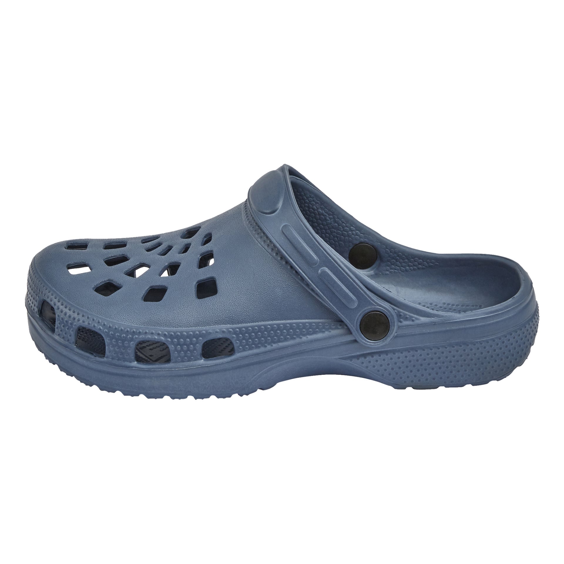 En enda blå Kayoba Outdoor Slipper med ventilationshål, en texturerad sula och en svängbar hälrem.