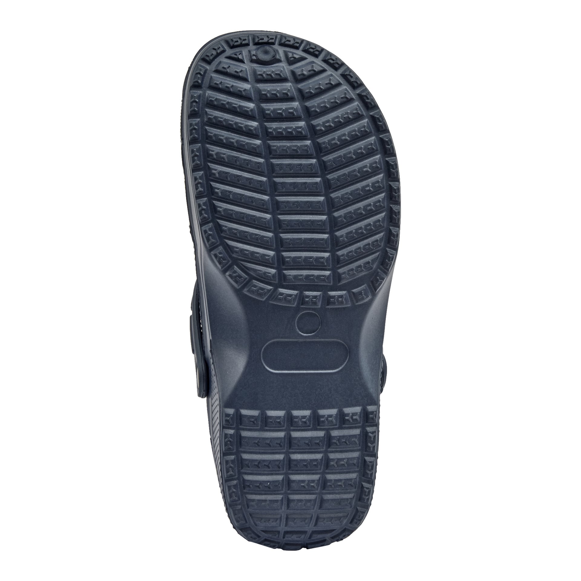 Bilden visar undersidan av Kayoba Outdoor Slippers, en slip-on-sko i mörk nyans från Kayoba Outdoor. Sulan har ett upprepat mönster av rektangulära spår och upphöjda sektioner utformade för att förbättra greppet över hela ytan.