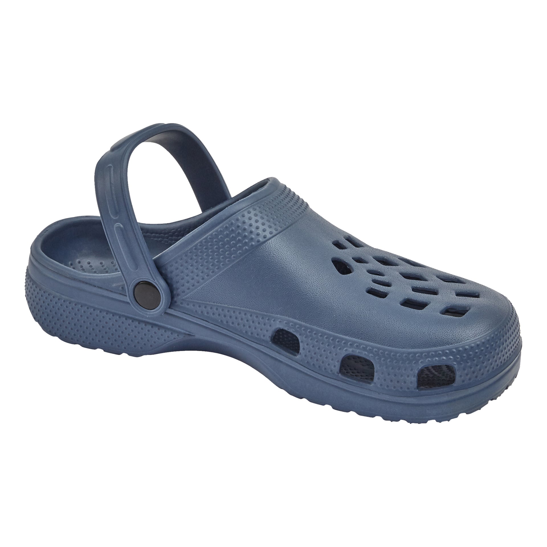En blå Kayoba Outdoor Slipper med ventilationshål på toppen och sidorna, en texturerad sula och en justerbar hälrem.