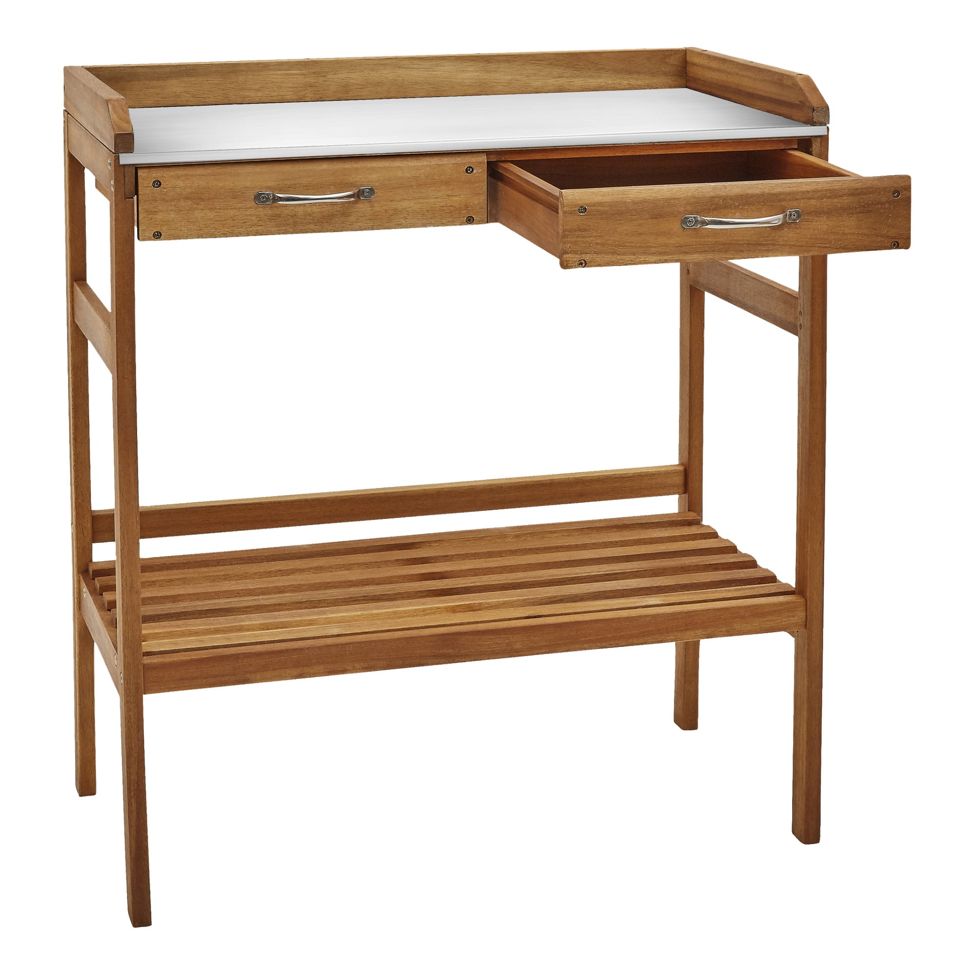 Der Hard Head Potting Table hat ein einfaches, praktisches Aussehen mit einer weißen Tischplatte, einer offenen und einer geschlossenen Schublade, einem Lattenregal unten und vier geraden Beine.
