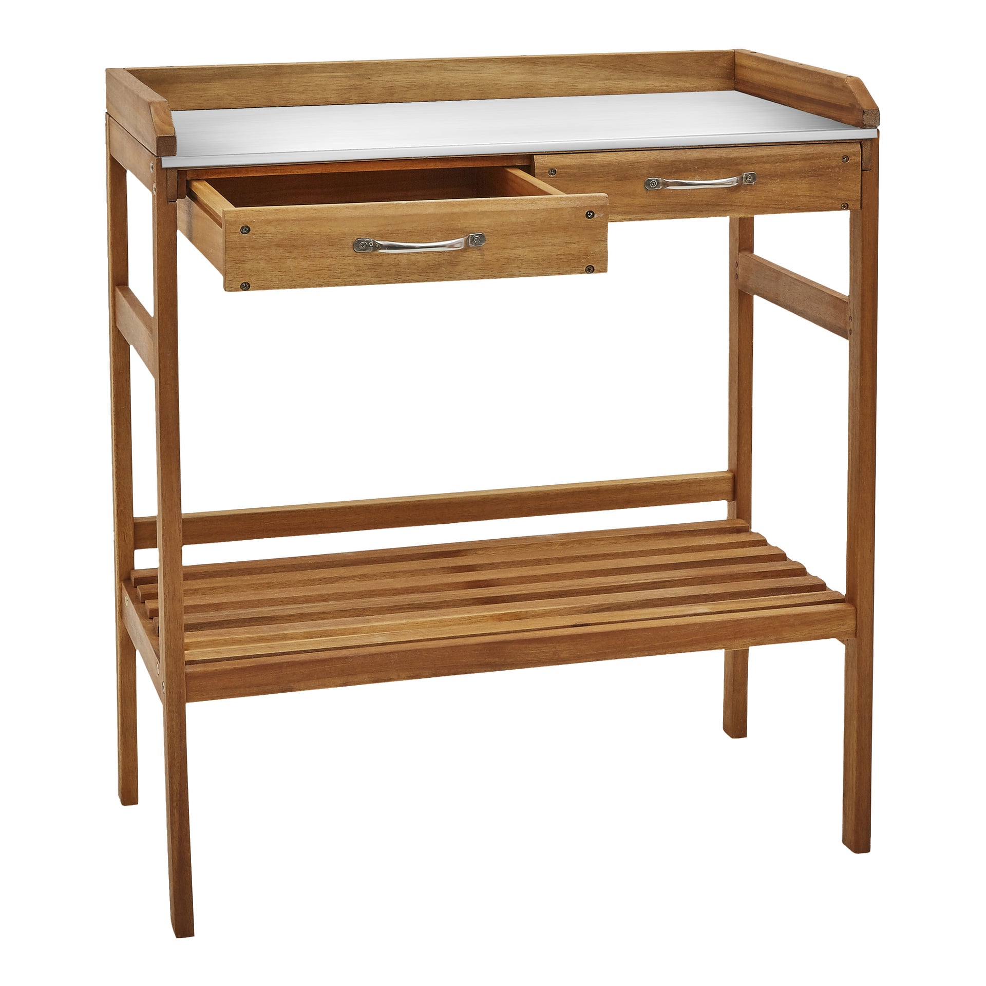 Der Hard Head Potting Table hat einen massiven Holzrahmen, eine weiße Oberfläche, zwei Schubladen – eine davon ist offen – und ein Lattenregal am unteren Ende. Das Design ist minimalistisch und praktisch.