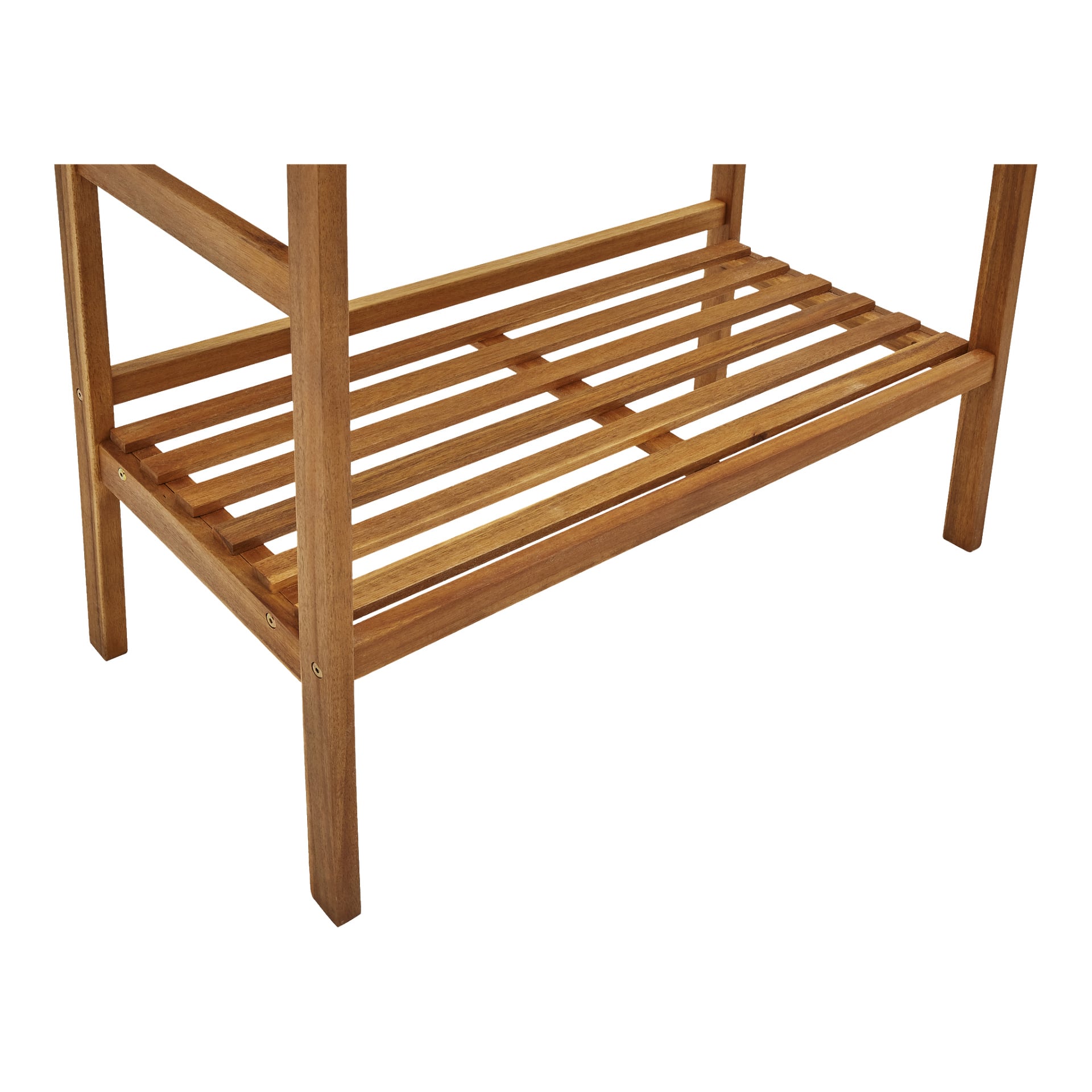 Eine detaillierte Nahaufnahme des unteren Holzregals des Hard Head Potting Table, das die vier stabilen Beine und die sichtbare Holzmaserung hervorhebt.
