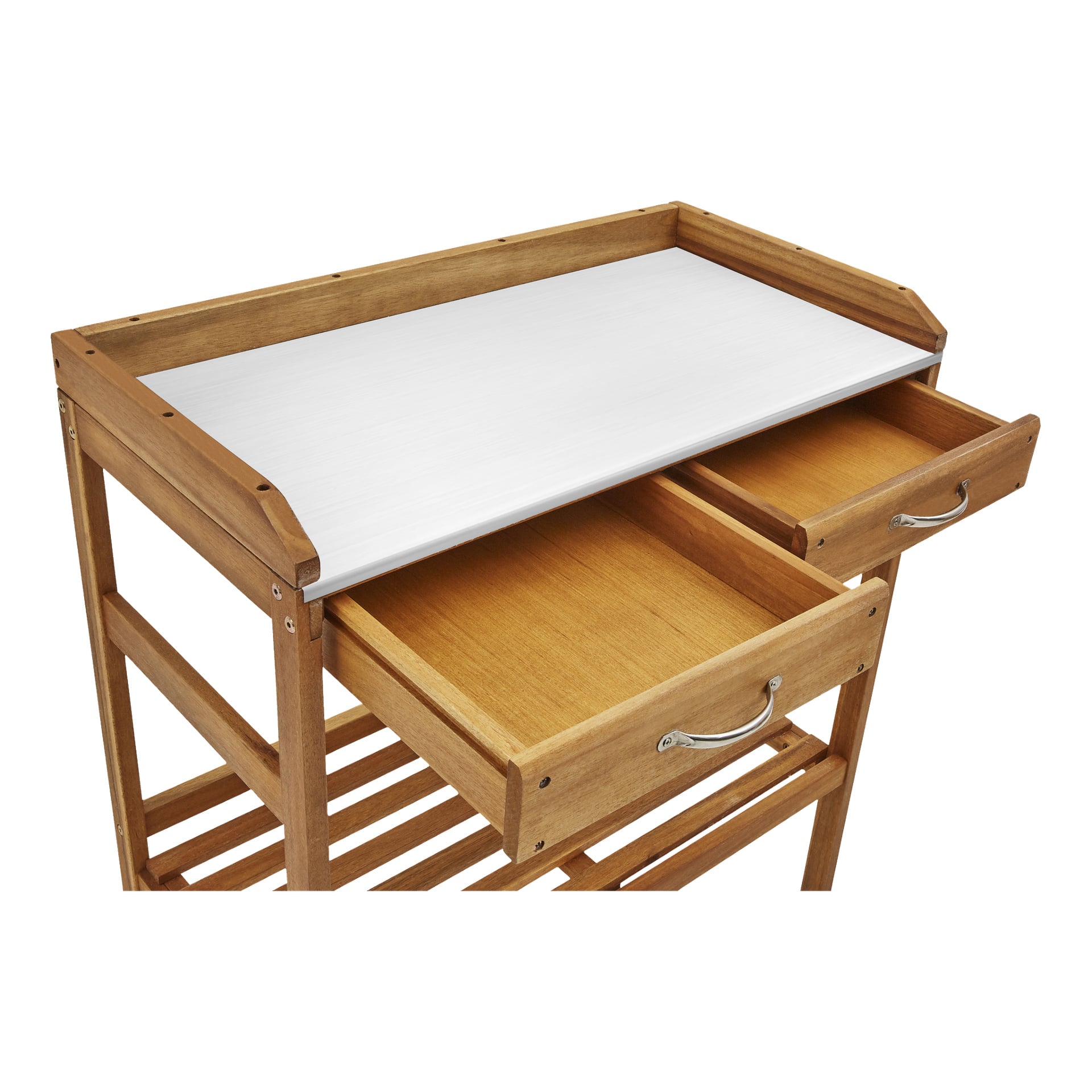 Der Hard Head Potting Table hat einen stabilen Holzrahmen, eine robuste Metallarbeitsfläche, zwei offene Schubladen mit Metallgriffen und zwei Lattenregale darunter zur zusätzlichen Aufbewahrung. Metallgriffe auf beiden Seiten ermöglichen eine bequeme Bewegung.