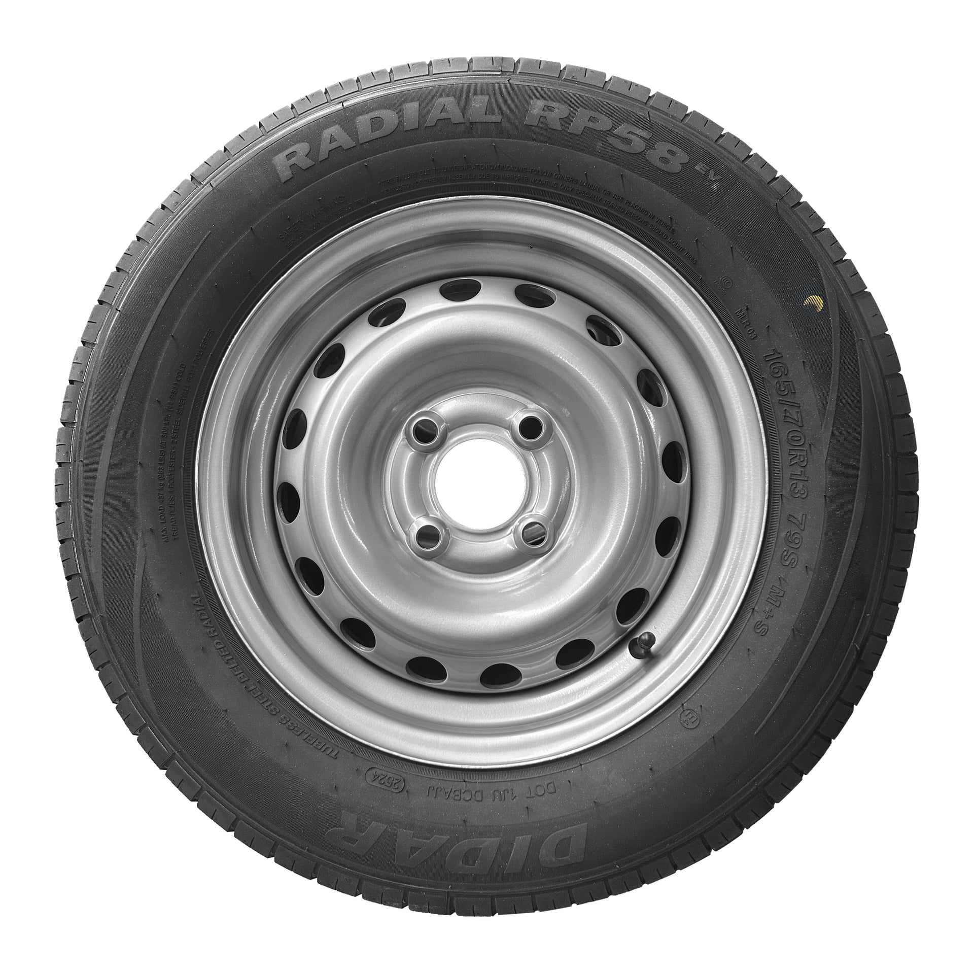 Ett svart Hamron 165/70 radialdäck är monterat på en silverfärgad stålfälg, sett uppifrån. Däcket visar tydliga mönster och präglade sidoväggsmarkeringar som "RADIAL RP58" tillsammans med dess storleksdetaljer.