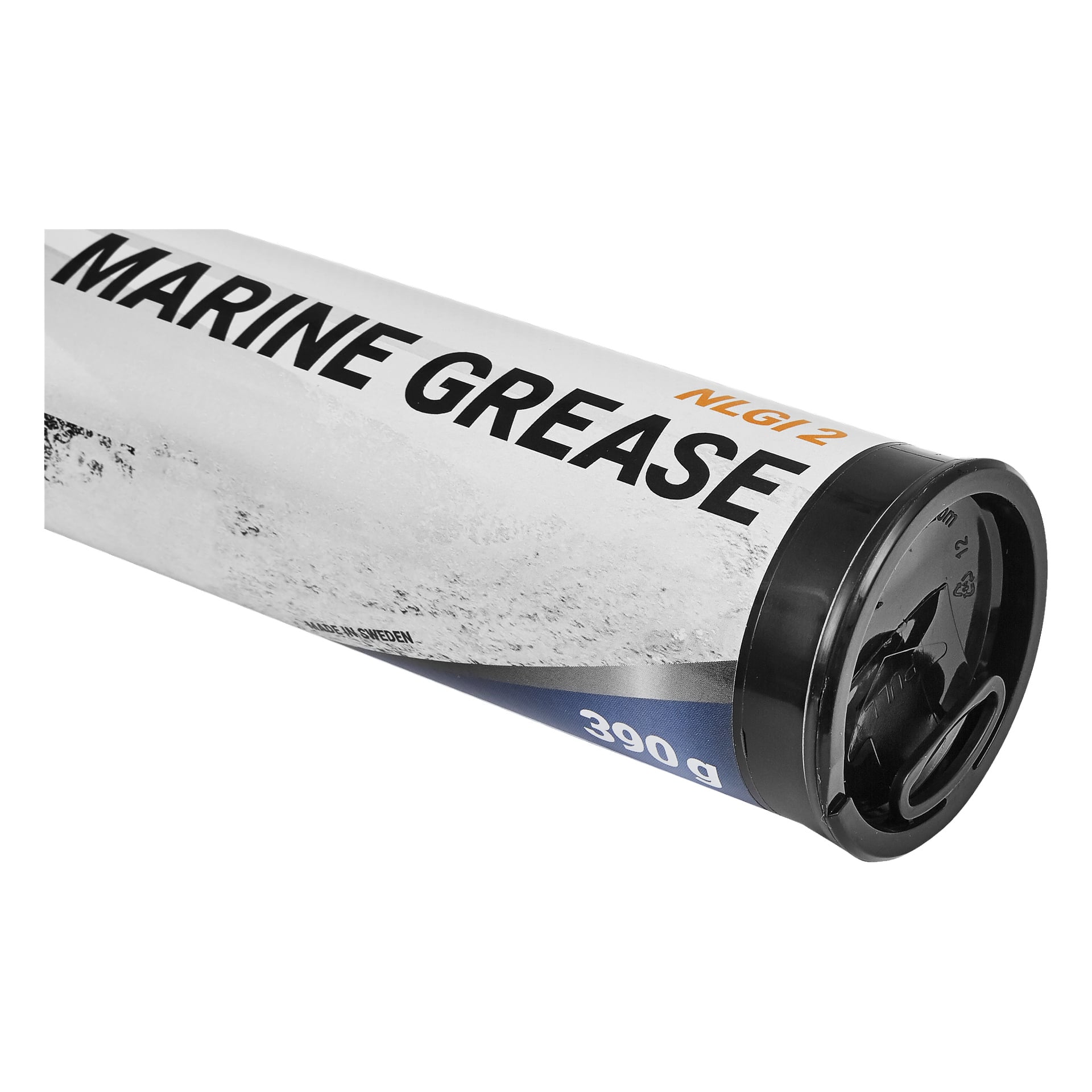 Eine Nahaufnahme eines zylindrischen Rohrs mit schwarzer Kunststoffkappe, beschriftet Hamron Marine Grease, NLGI 2, 390 g. Das Etikett ist überwiegend weiß mit schwarzen und orangen Schriftzeichen und hat unten einen blauen Abschnitt.
