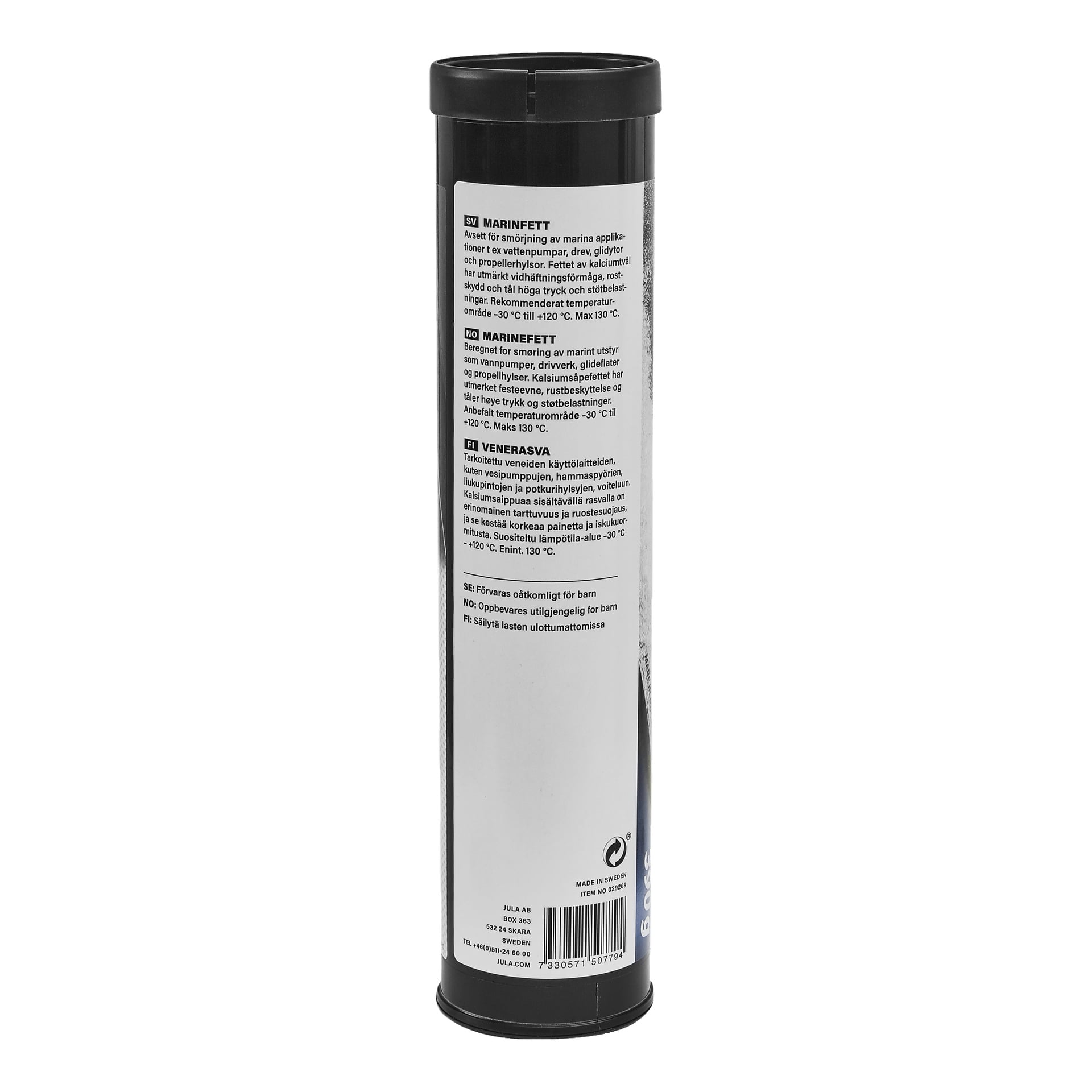 Ein schwarz-weißer zylindrischer Behälter mit der Aufschrift "Hamron Marine Grease" mit Anleitungen, Warnungen und Informationstexten zu Sicherheit, Nutzung und Lagerung. Ein Barcode erscheint am Boden des Behälters.