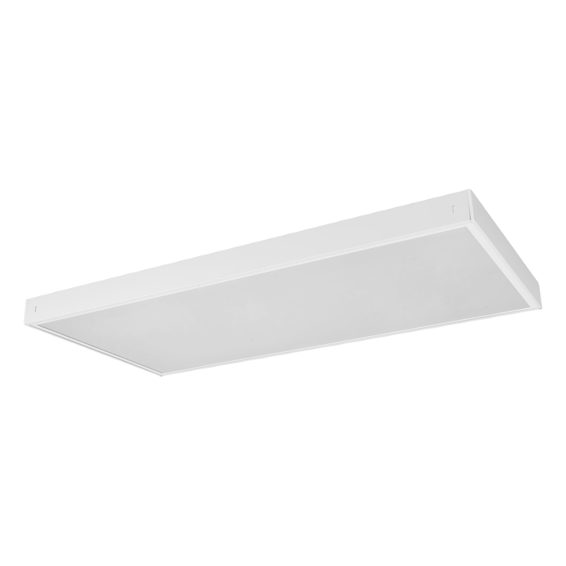 En rektangulär vit Anslut LED-panelmonteringsram med en minimalistisk, ren design och en platt frostad diffusor är monterad i taket, sedd från en vinkelvy nedanför.