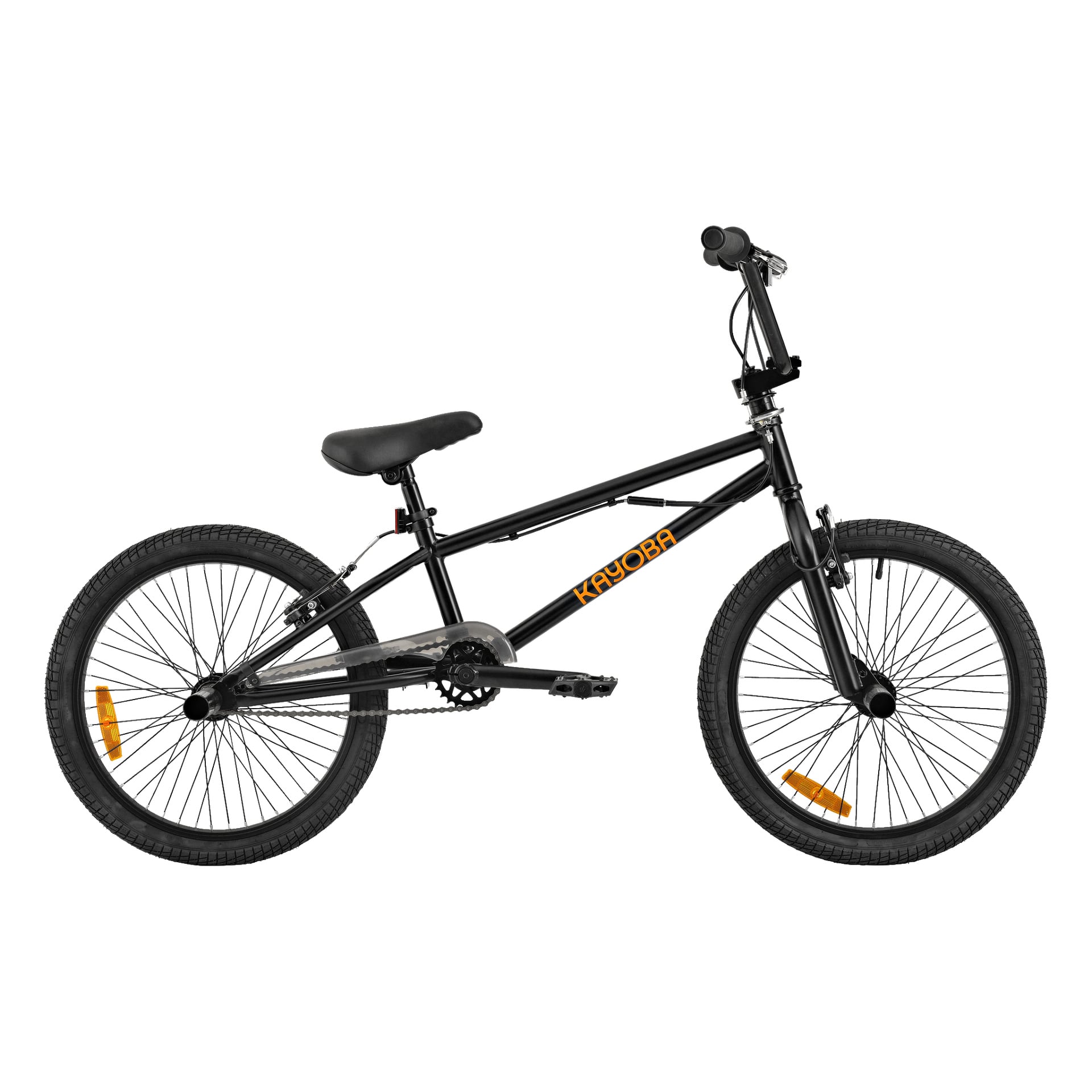 En svart Kayoba BMX-cykel med orange hjulreflektorer och varumärket "Kayoba" i orange på ramen.
