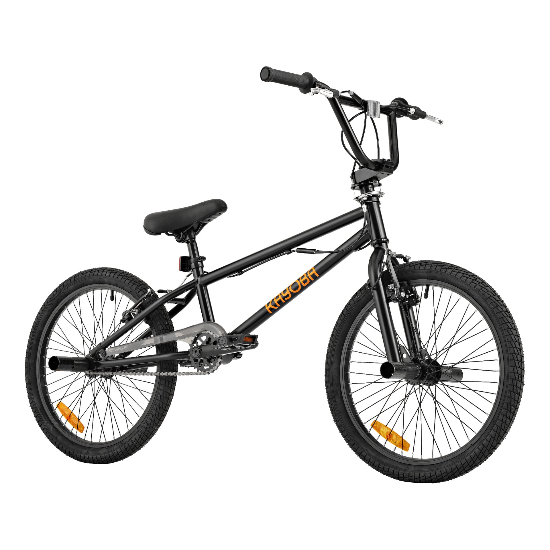 En svart Kayoba BMX-cykel med tjocka däck, orange reflektorer på hjulen, en vadderad sadel och upprättstående styren.