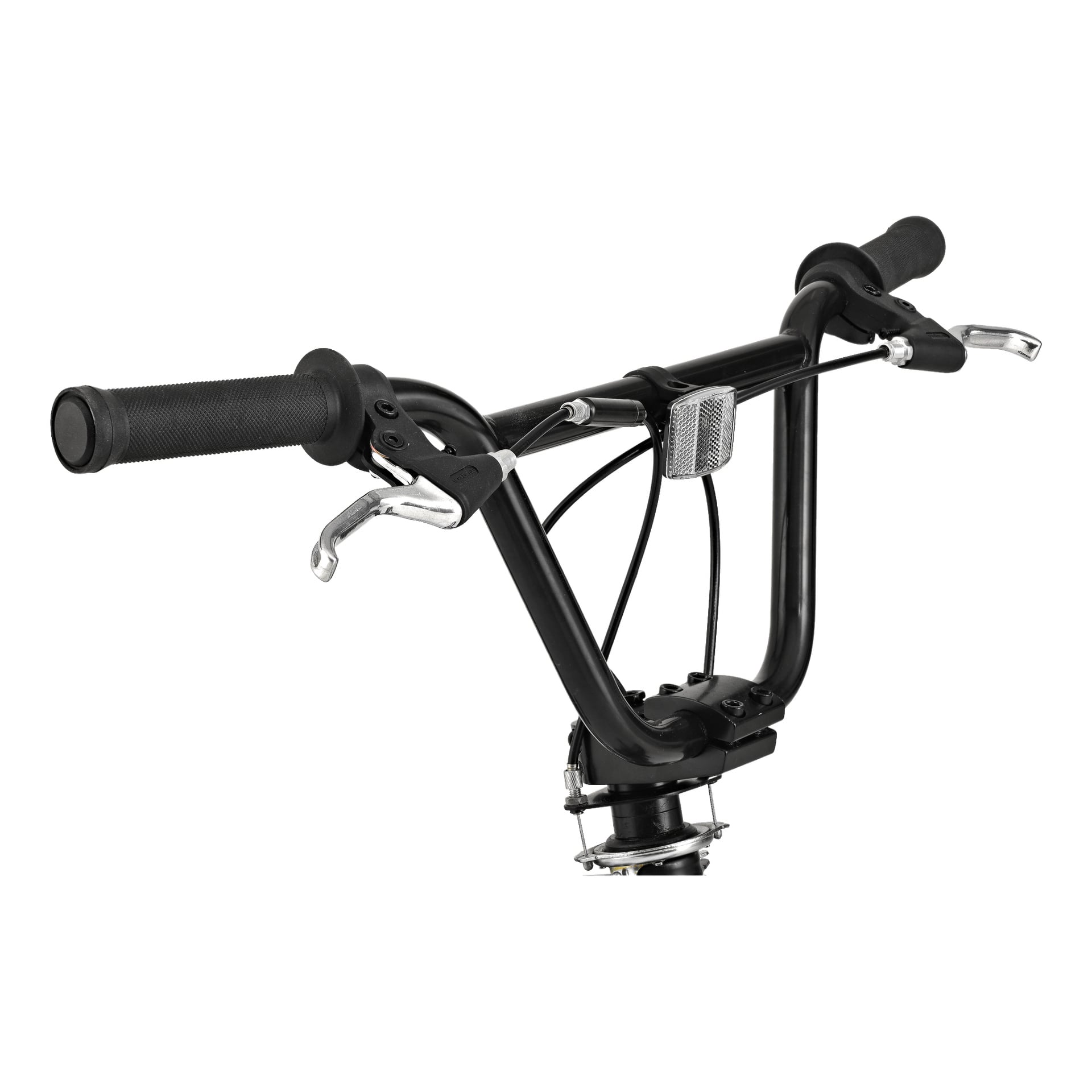 Närbild på det svarta styret på en Kayoba BMX-cykel, med bromshandtag, grepp med fastsatta kablar och en liten reflektor placerad i mitten.