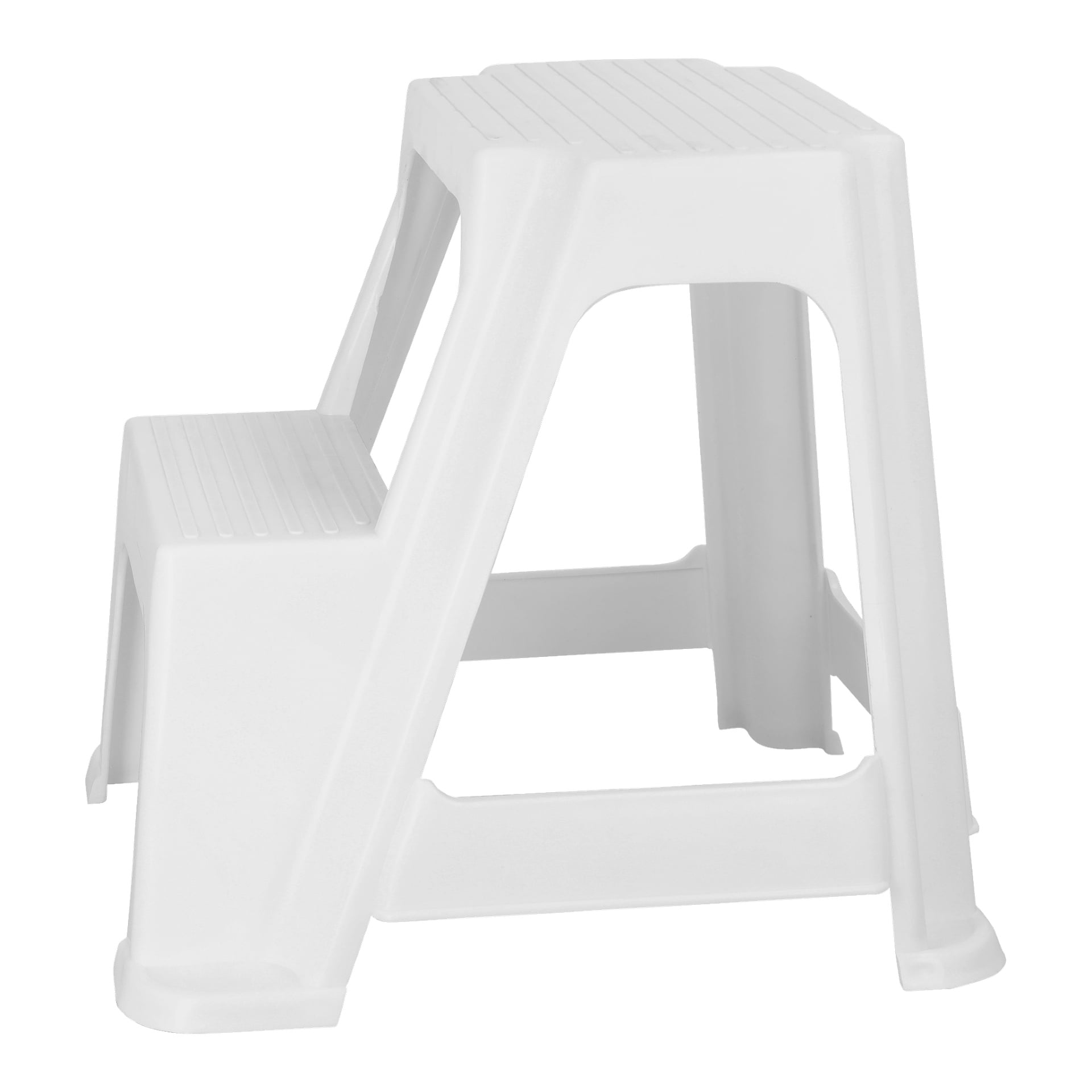 Hard Head Step Stool to biały plastikowy stołek dwustopniowy z prostokątną ramą. Oba stopnie mają wyżebrowane powierzchnie poprawiające przyczepność.